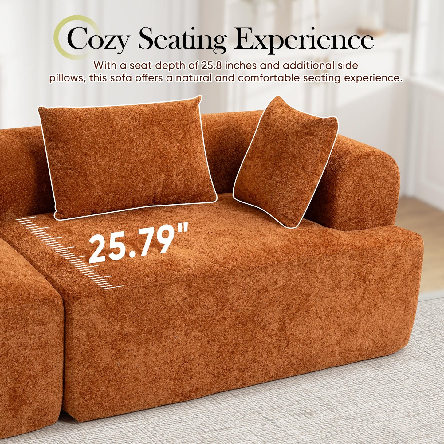 Muumblus Boneless Modular Sectional Sofa, 96" Oversized Deep Seat Loveseat Sofa, Cozy Cloud Living Room Couch, Orange Teddy