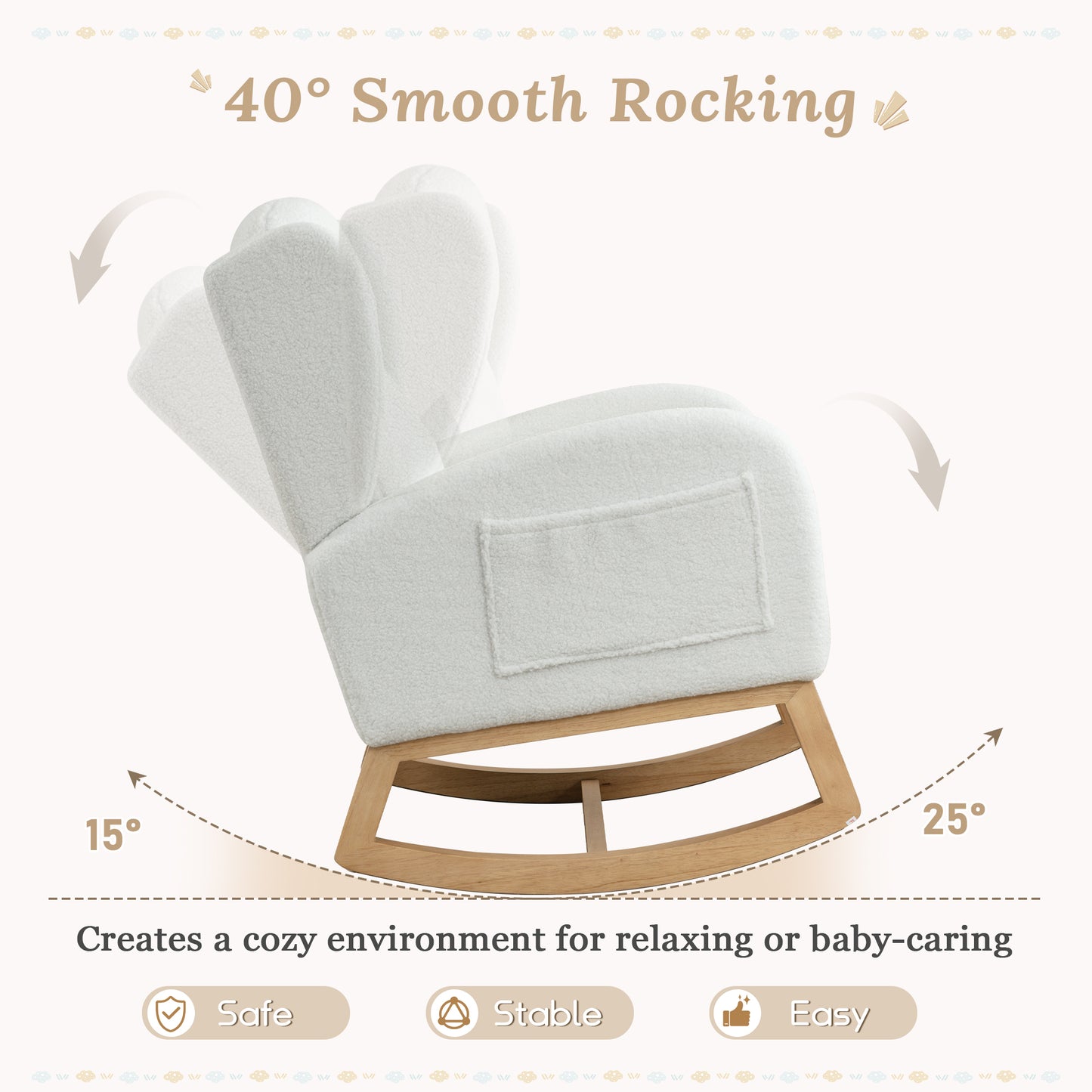 Muumblus Nursery Rocking Chair, Wingback Glider Rocker, Indoor Uphlostered Rocking Chair, Ivory Teddy