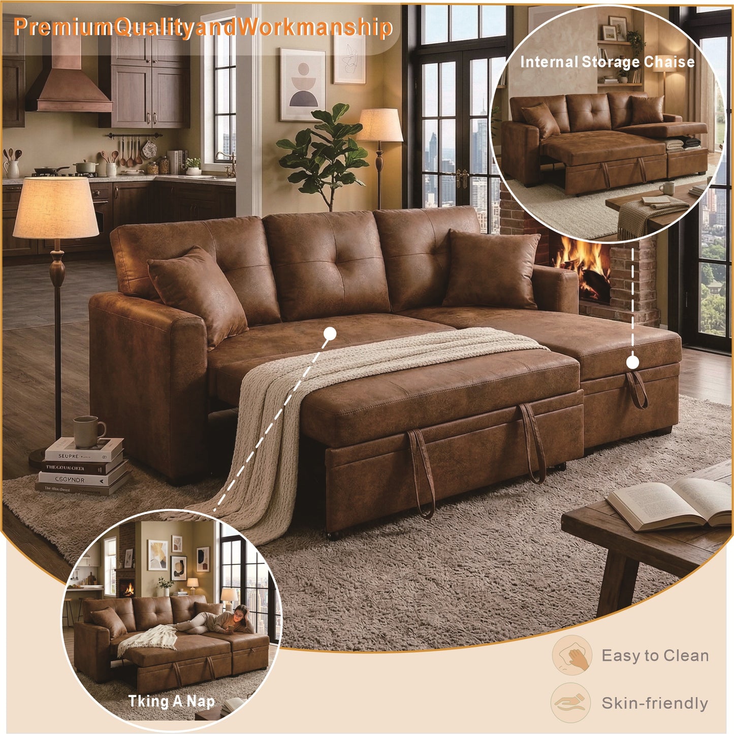 Muumblus Convertible Pull Out Sofa Bed, L-Shaped Sectional Sleeper Couch with Storage Chaise, Vintage Faux Leather Look, Brown Polyester Fabric