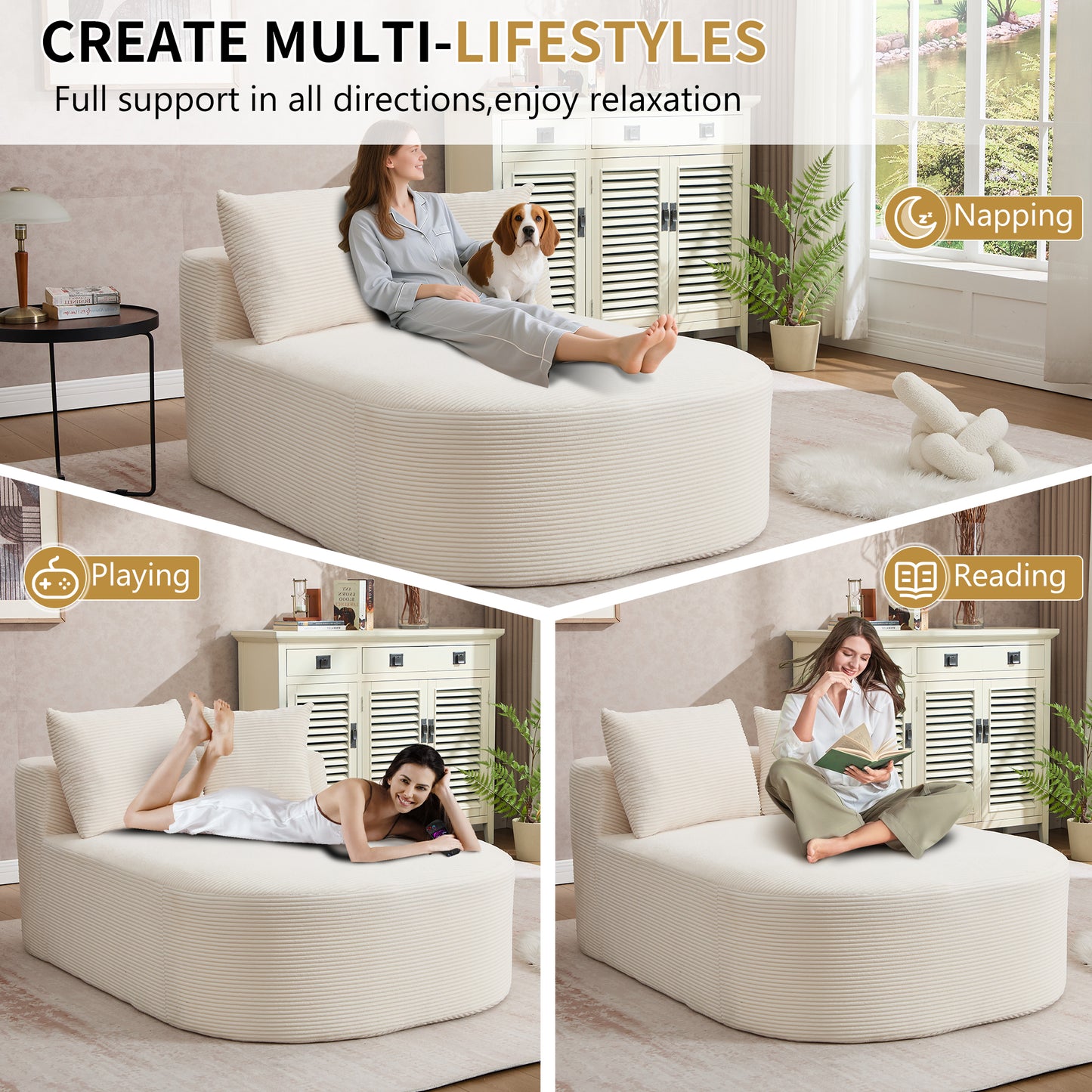 Muumblus 67.5" Oversized Chaise Lounge Indoor Furniture, No Assembly Boneless Cloud Couch, Deep Seat Corduroy Sleeper Sofa Bed for Living Room, Beige