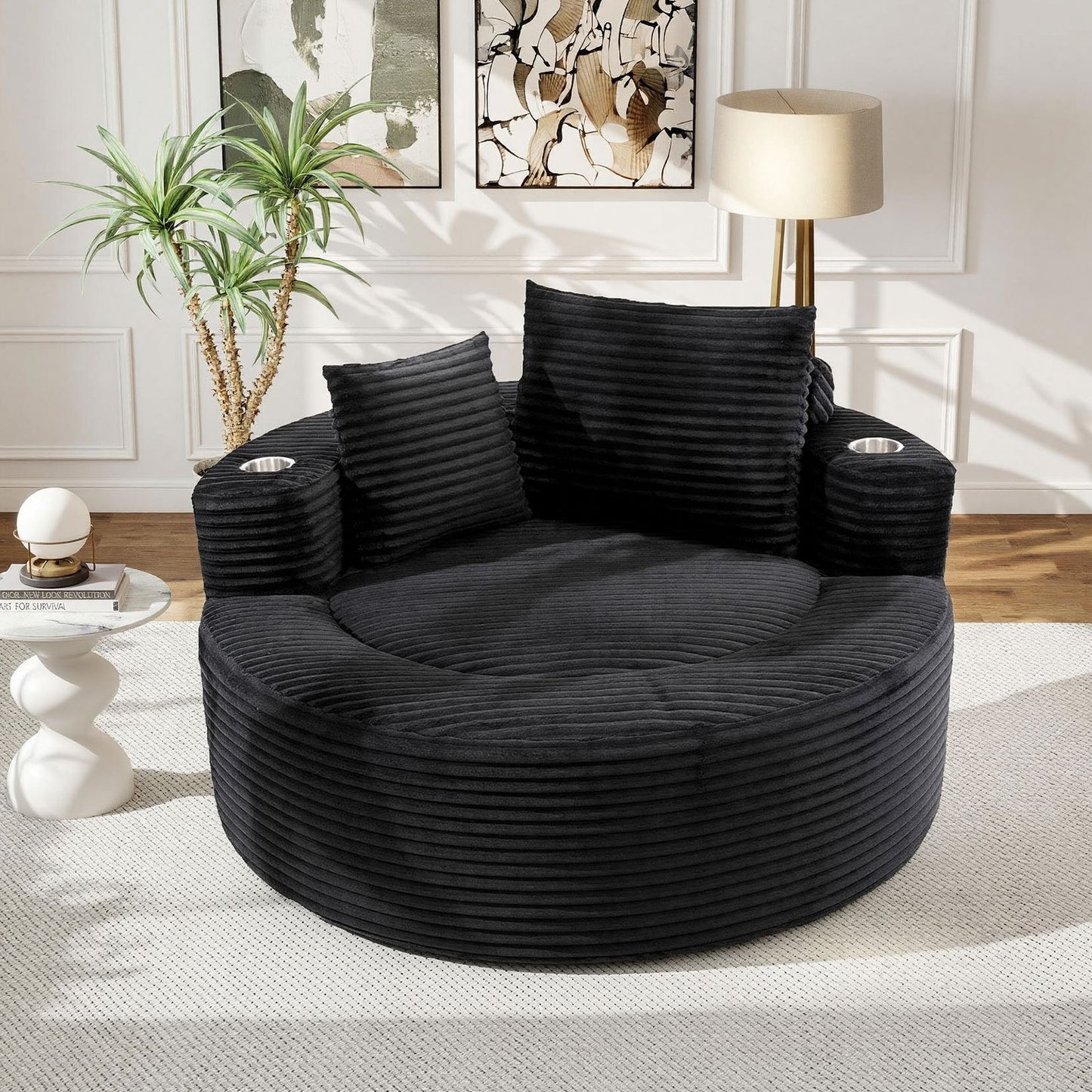 Muumblus 55" Indoor Round Chaise Lounge with Cup Holders, Oversized Boneless Accent Barrel Chair, Black Corduroy