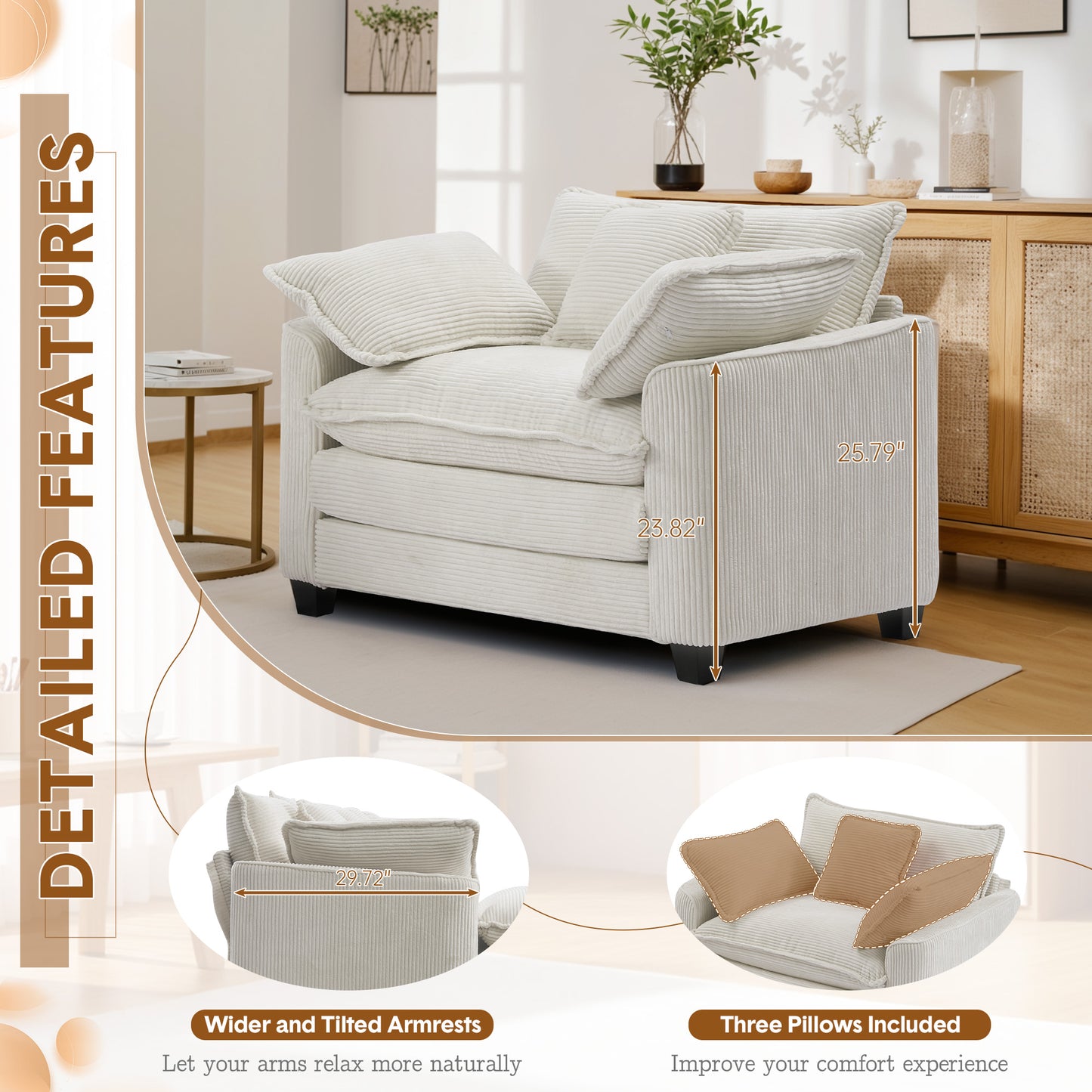 Muumblus 46" Indoor Lounge Chair with Ottoman, Corduroy Cozy Accent Armchair for Living Room, Beige