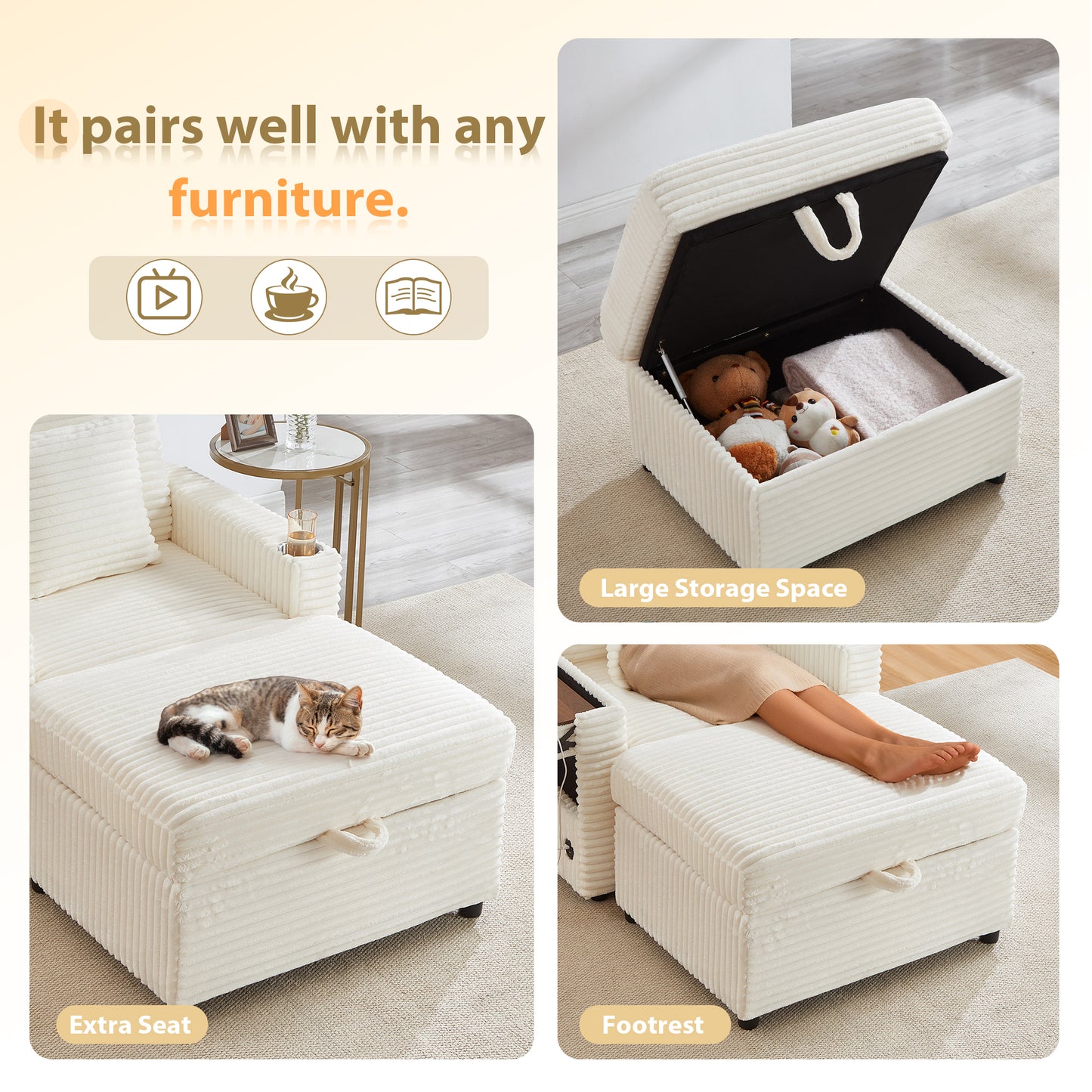 Muumblus Accent Chair with Storage Ottoman & Side Table, Cozy Lounge Chair with USB, Modern Single Sofa Armchair for Living Room, White Corduroy