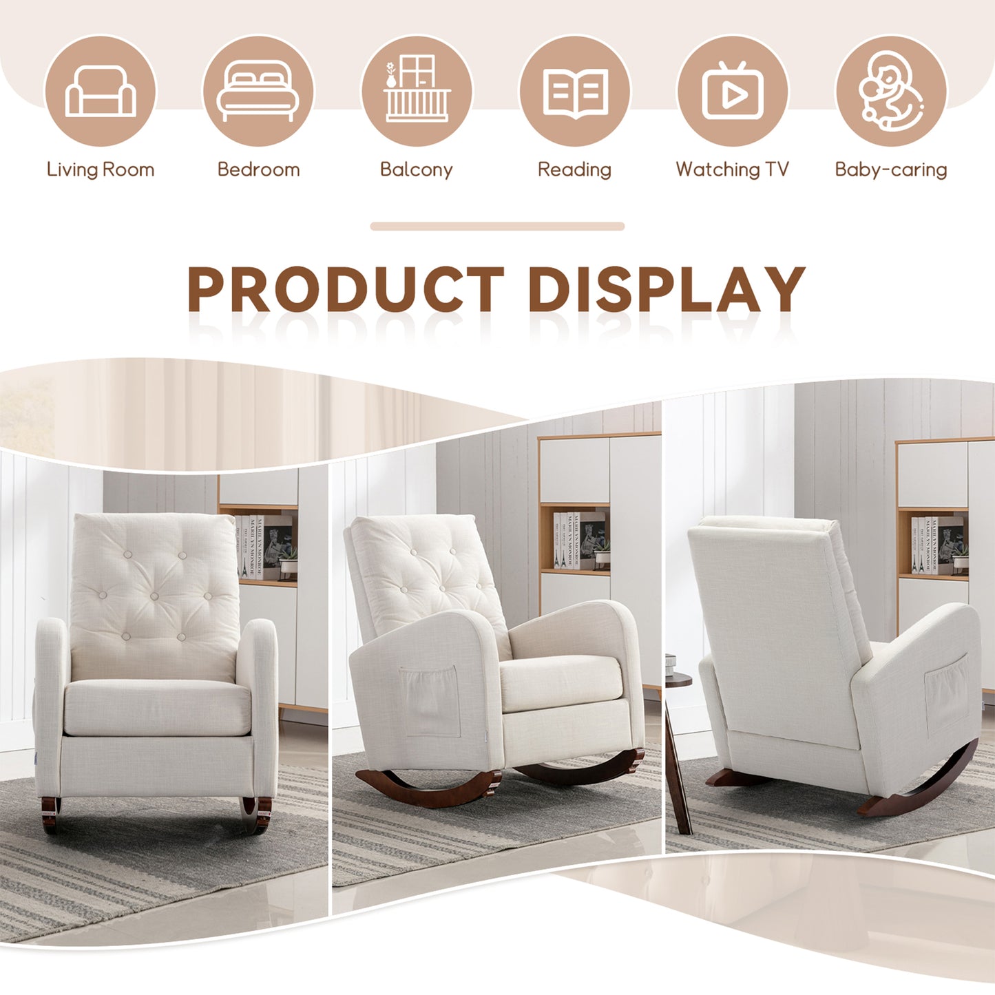 Muumblus Glider Rocker for Living Room, Rocking Chair for Nursery, Tufted High Back, Beige Linen