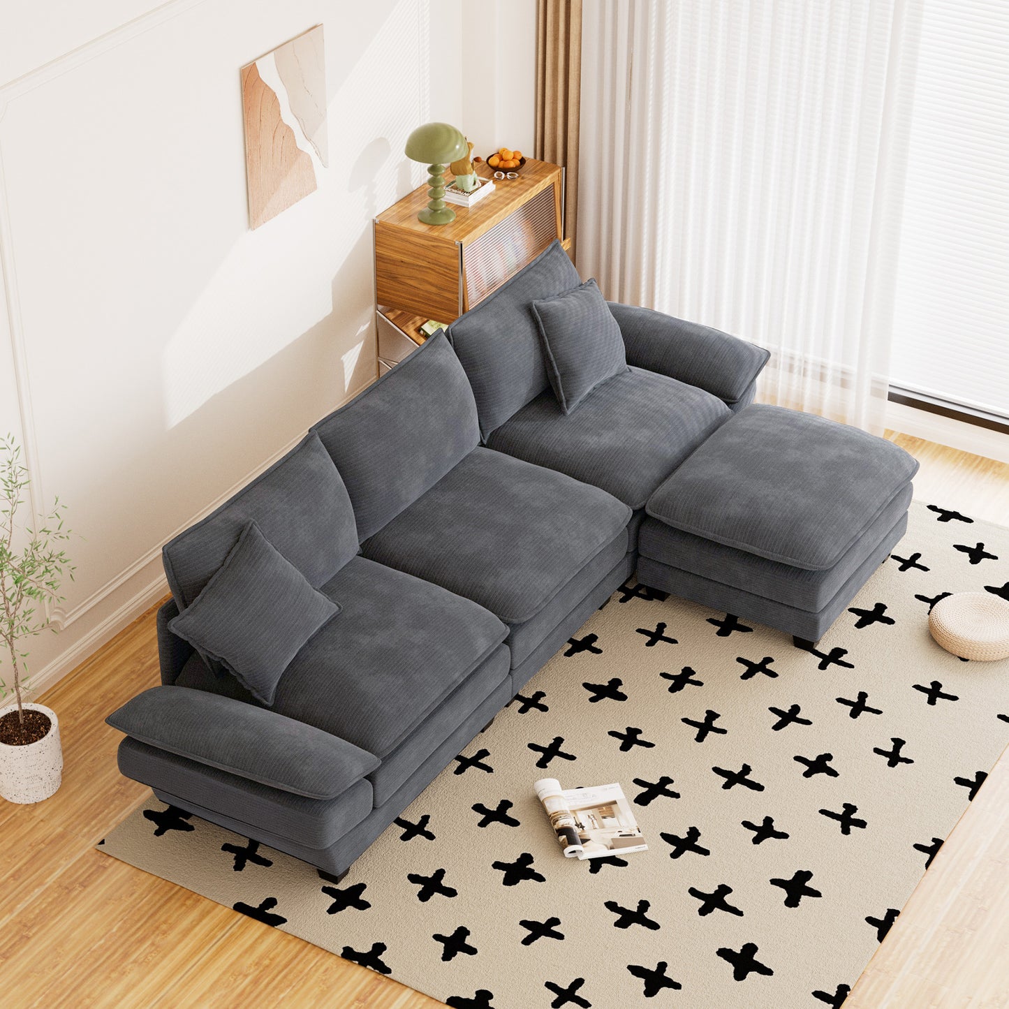 Muumblus 108" Modular Sectional Sofa with Ottoman, L-Shaped Couch with Chaise, Corduroy Sleeper Couch for Living Room, Black