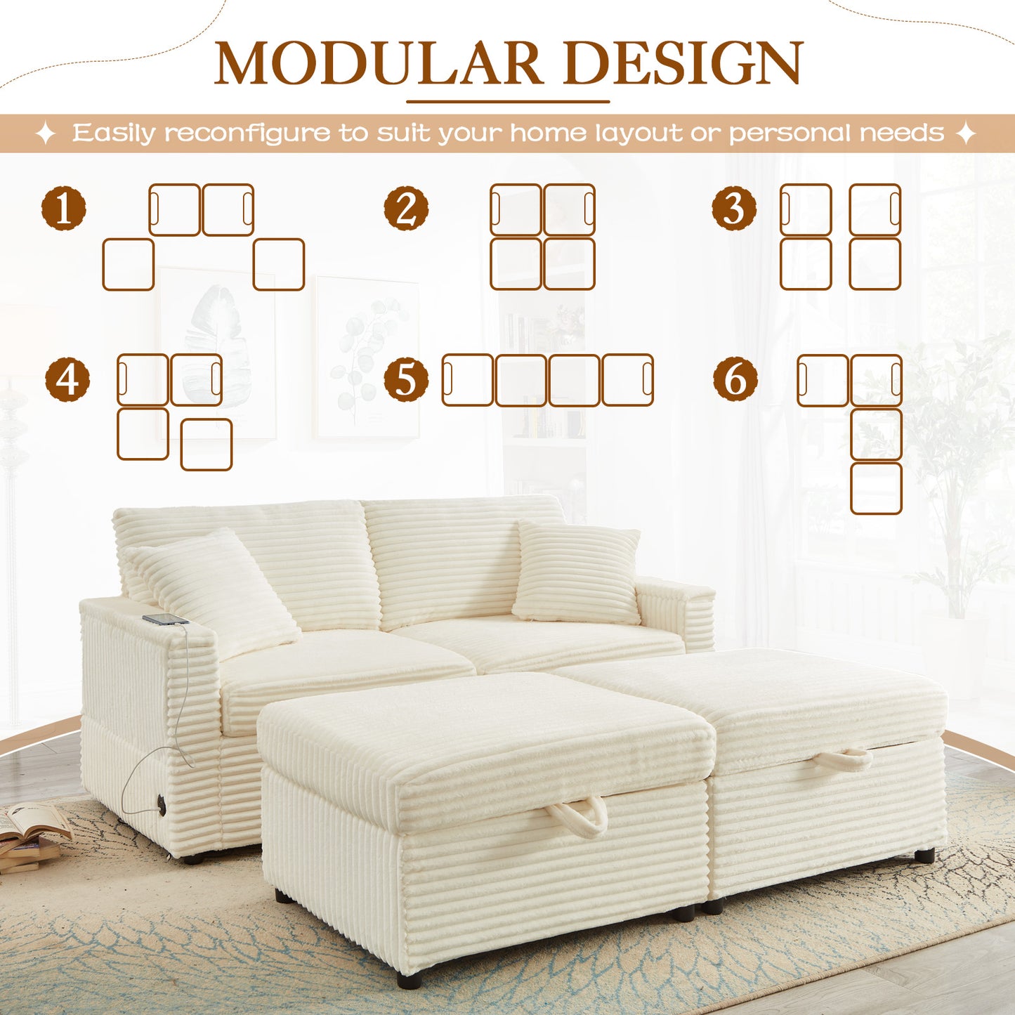 Muumblus Modular Sectional Sofa with 2 Storage Ottomans, 2 Side Tables & USB, Cozy Double Chaise Lounge Cloud Sofa, Plush Corduroy Sleeper Bed Couch for Living Room, White