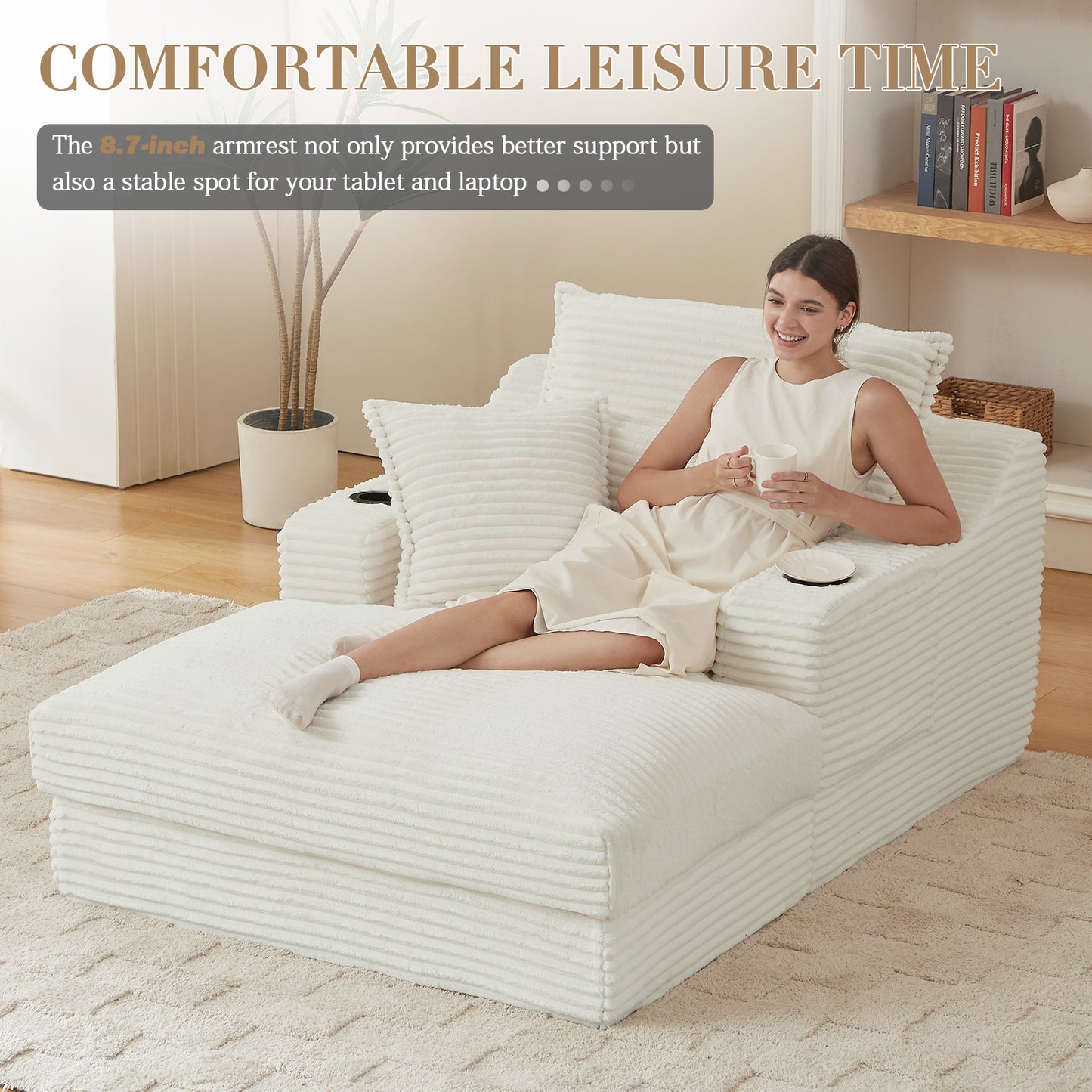 Muumblus Indoor Chaise Lounge with Cup Holders, No Assembly Required, Oversized Upholstered Lounge Chair Sofa Bed for Living Room, Bedroom, Apt., Beige Corduroy