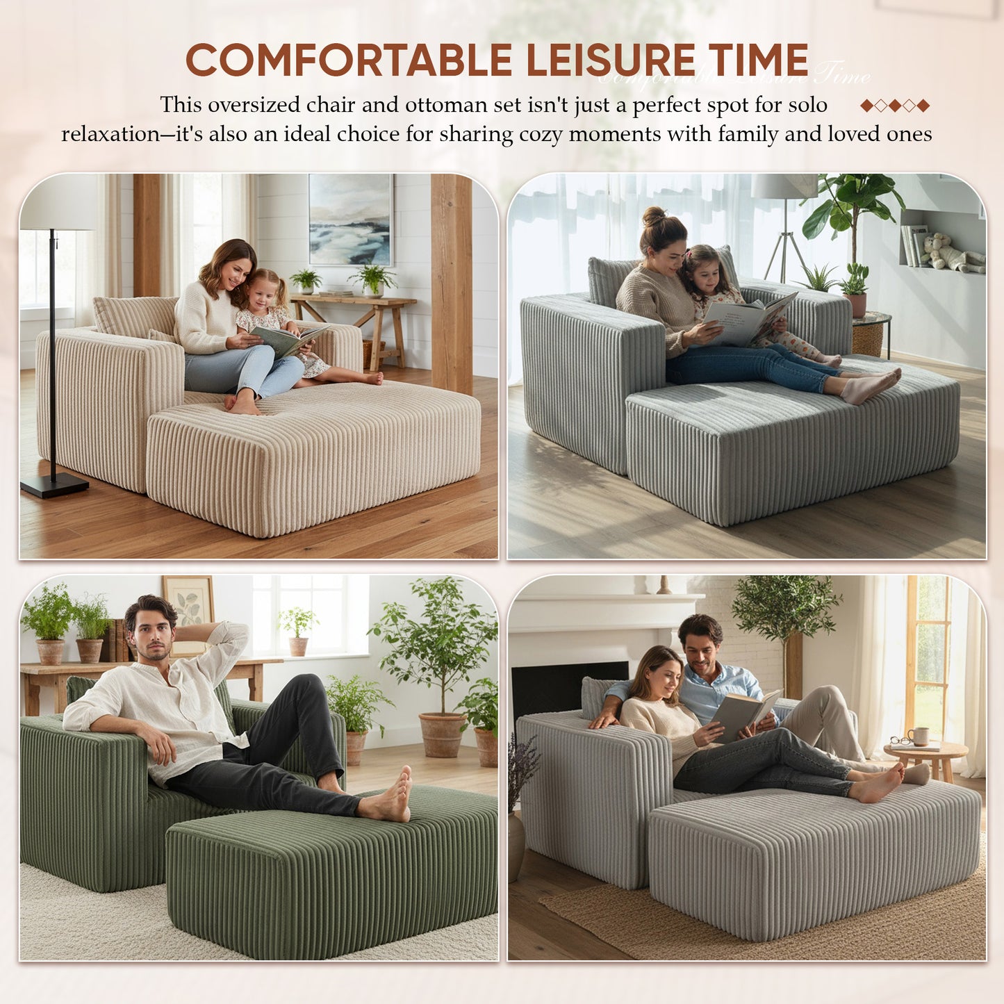 Muumblus Accent Chair with Movable Ottoman, Oversized Indoor Chaise Lounge Chair, No Assembly, Boneless Corduroy Cloud Sofa for Living Room, Gray