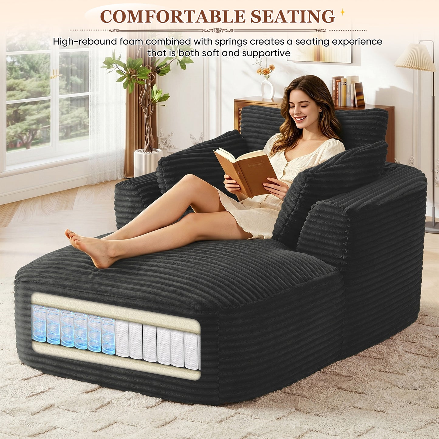 Muumblus Chaise Lounge Indoor, Cozy Lounge Chair Sleeper Sofa for Adults, No Assembly Required, Black Corduroy