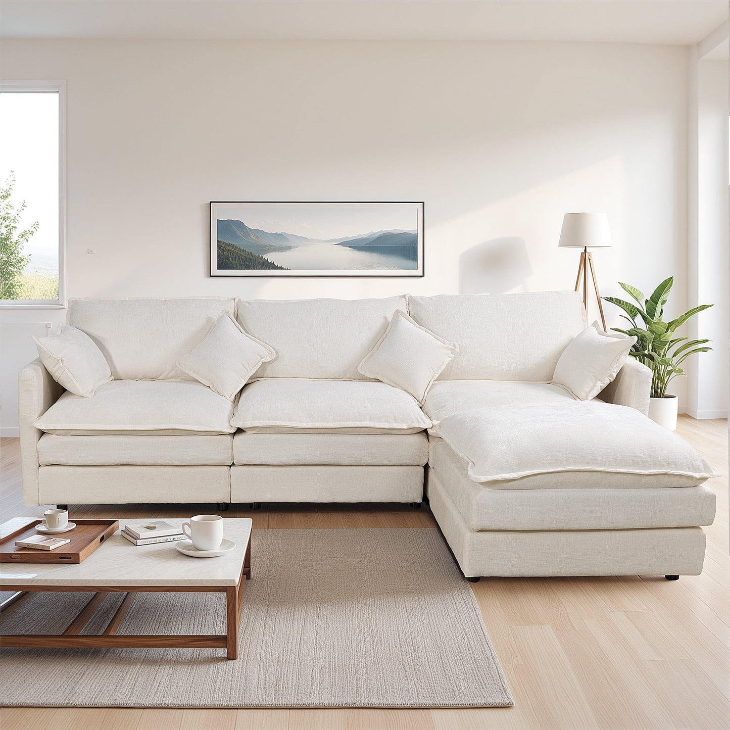 Muumblus Sectional Sofa Cloud Couch with Reversible Ottoman, L-Shaped Chenille Sofa for Living Rooms, Beige