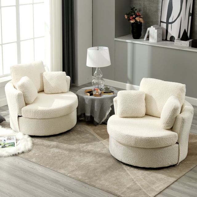 Muumblus Teddy Swivel Accent Chair Barrel Chair, Oversized Comfy Armchair with Pillows, Modern Leisure Sofa Chair for Living Room Bedroom, Ivory