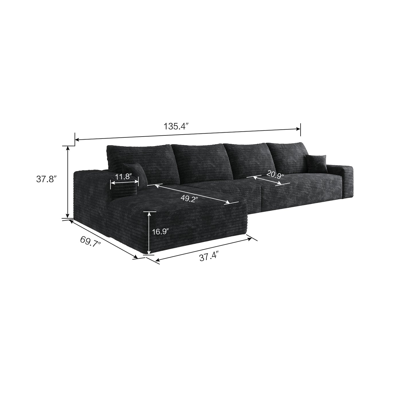 Muumblus 135" Cloud Sectional Sofa with Left Chaise, Cozy L-Shaped Modular Sofa, Plush Corduroy Sleeper Bed Couch, No Assembly Required, Black