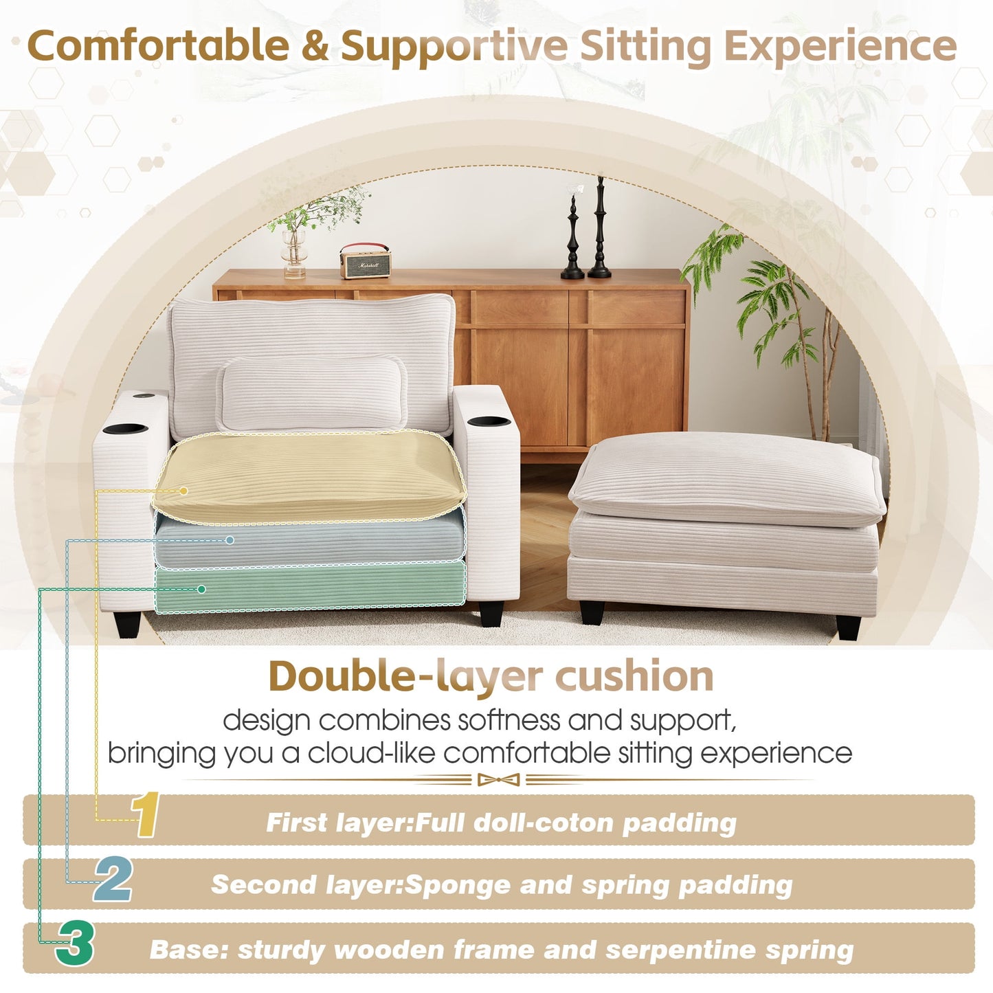 Muumblus 41.7" Oversized Lounge Accent Chair with Ottoman, Indoor Comfy Corduroy Armchair with USB, Beige