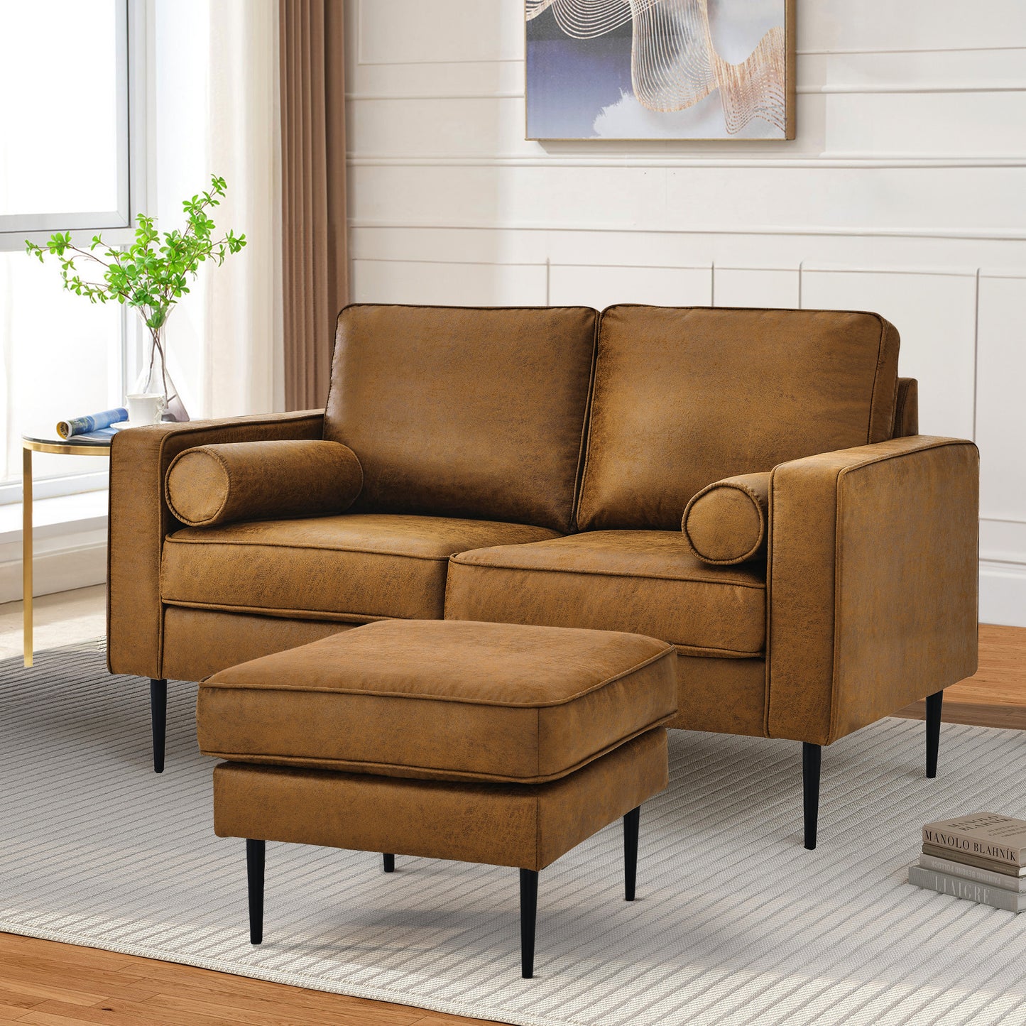 Muumblus Mid-Century Ottoman for Living Room, Foot Stool in Brown Faux Leather