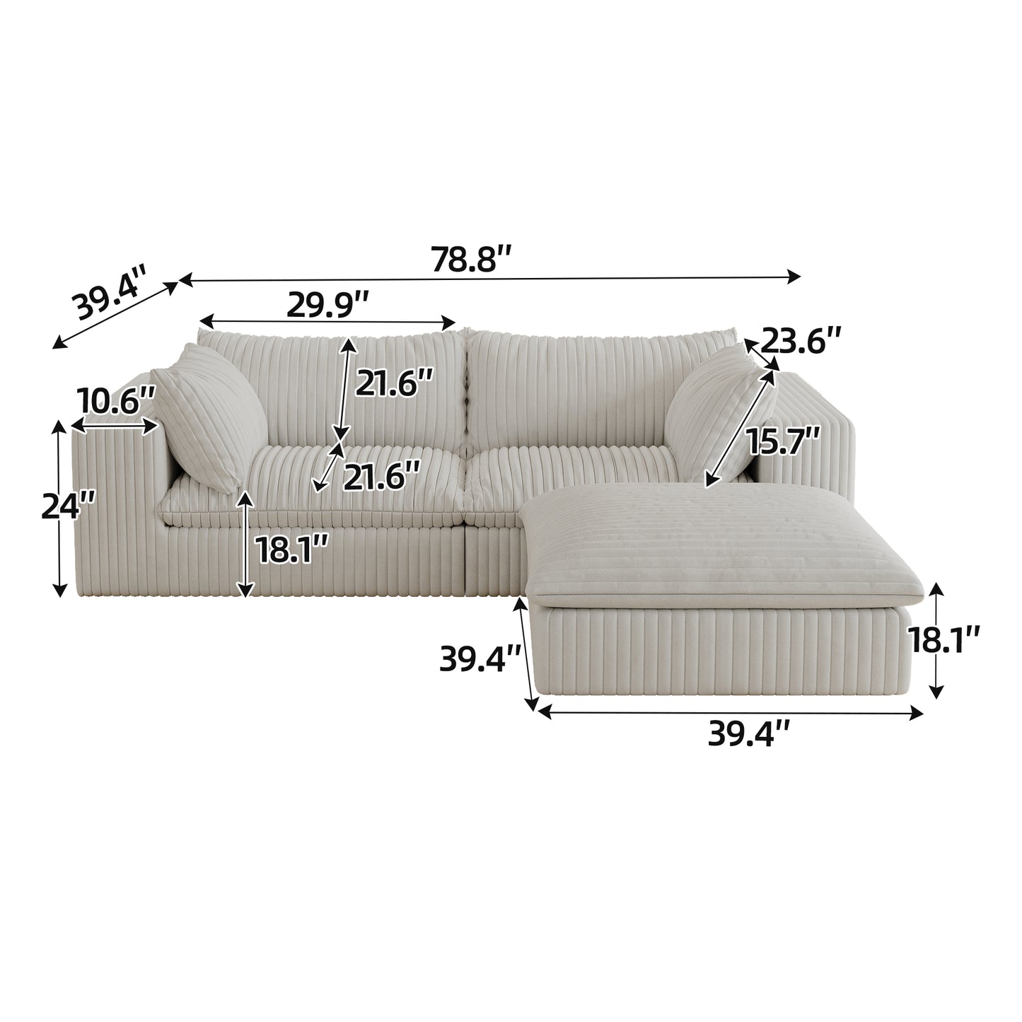 Muumblus Modular Sectional Sofa with Movable Ottoman, L-Shaped Deep Seat Corduroy Cloud Couch, No Assembly Boneless Couches for Living Room, White