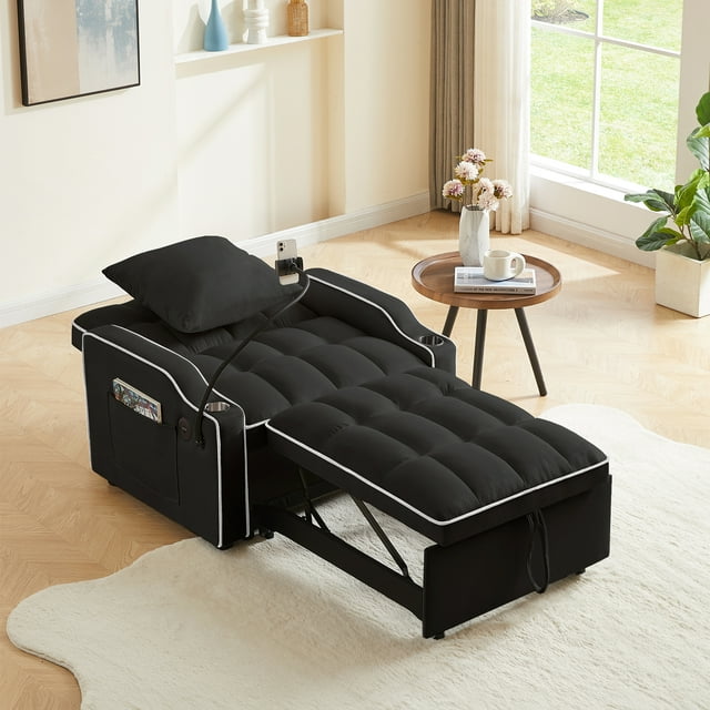 Muumblus Sleeper Sofa Chair Bed with Swivel Phone Stand, Cup Holders, 3-in-1 Convertible Pull Out Sofa Bed for Living Room, Black Velvet