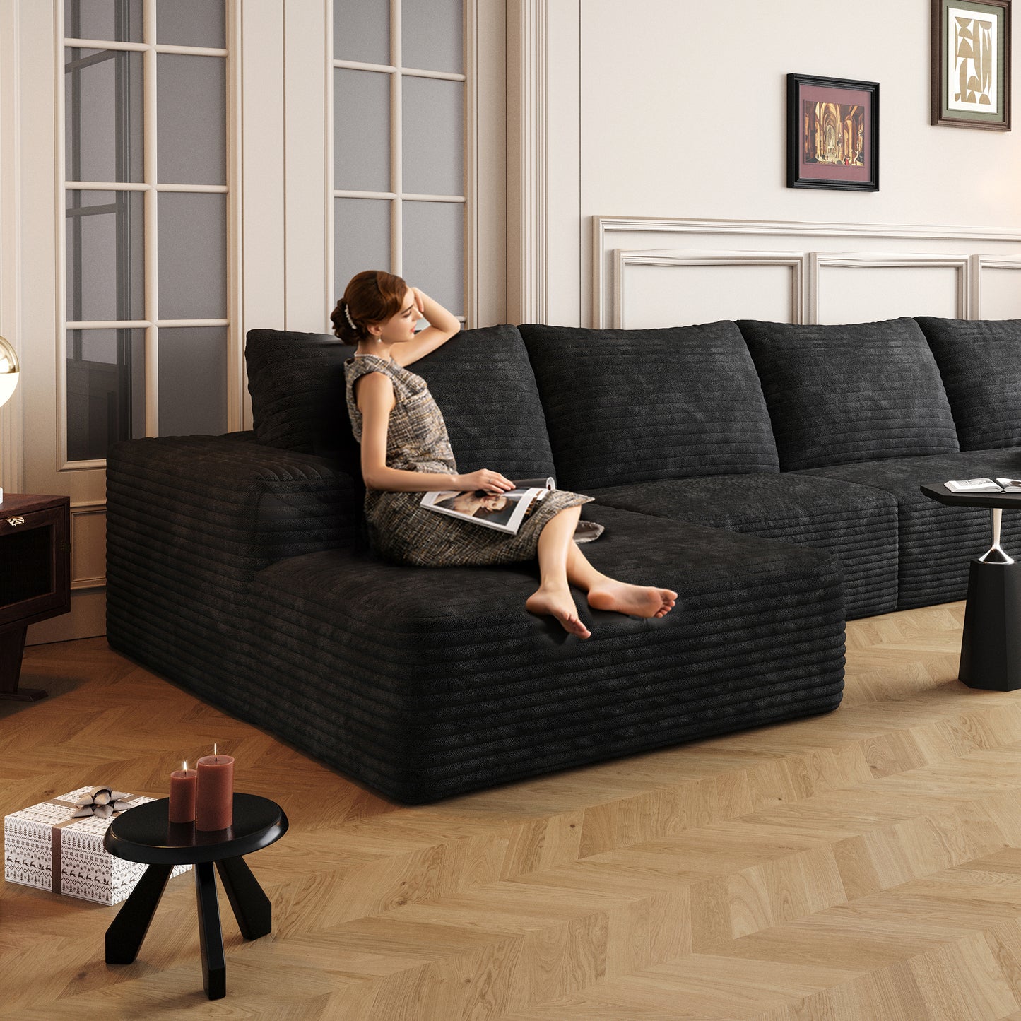 Muumblus 135" Cloud Sectional Sofa with Left Chaise, Cozy L-Shaped Modular Sofa, Plush Corduroy Sleeper Bed Couch, No Assembly Required, Black