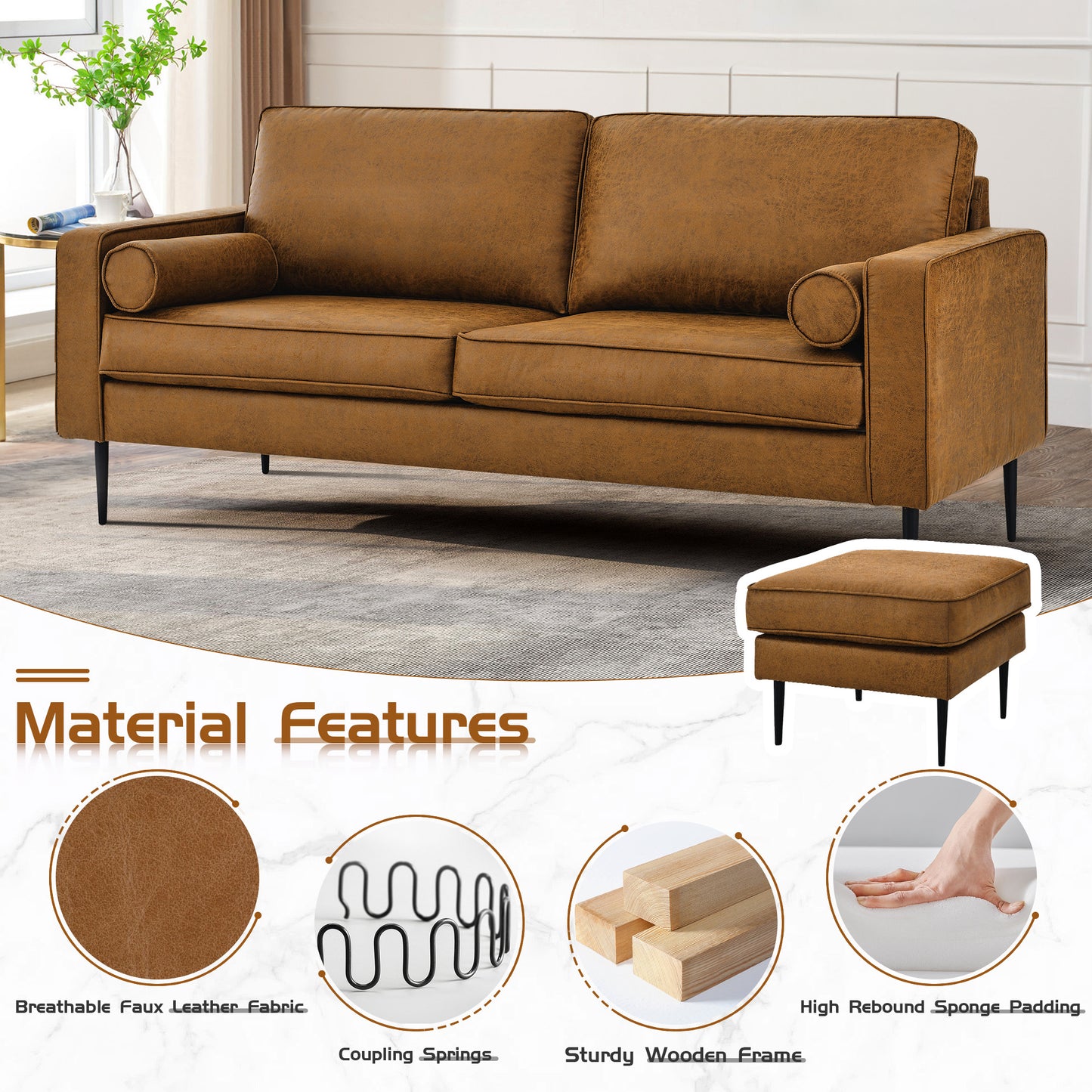 Muumblus Living Room Sectional Sofa with Chaise,3-Seater L Shaped Couch with Ottoman, Brown Faux Leather