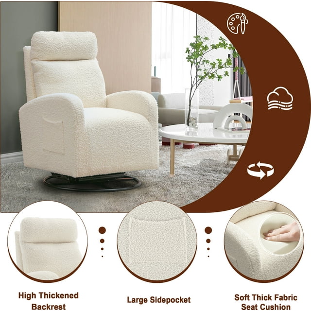 Muumblus Swivel Glider Rocker, Modern Teddy High Back Rocking Chair for Living Room, White