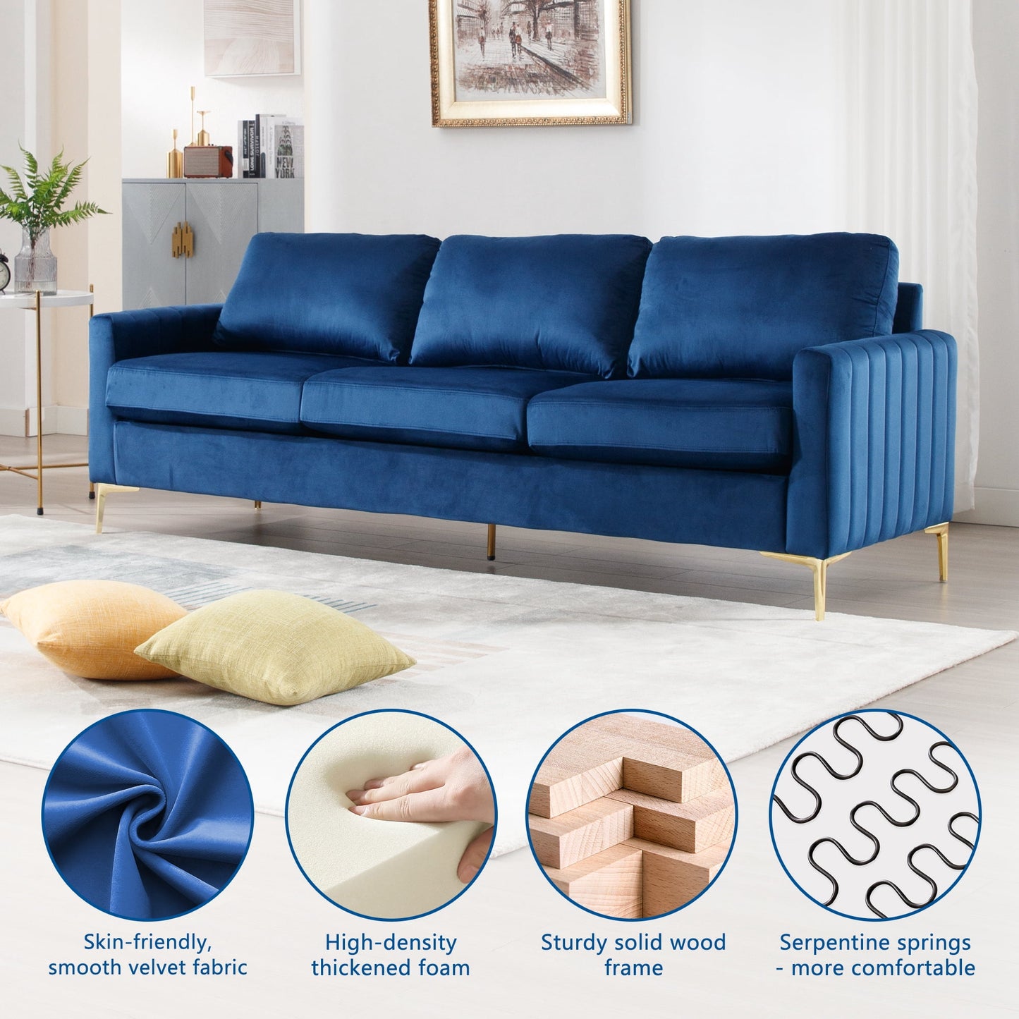Muumblus 85 inch Sofa Couch, 3 Seater Loveseat Sofa, Mid Century Modern Tufted Velvet Couch for Living Room, Living Room Furniture Sets, Navy Blue
