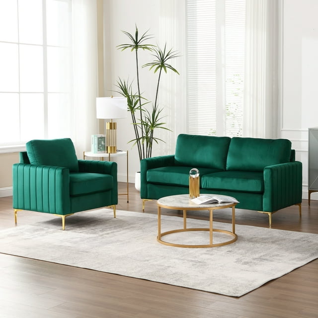 Muumblus 3 Pieces Velvet Living Room Furniture Sets, Modern 1 Seater Sofa Chair and 2 Seater Loveseat Sofa and 3 Seater Sofa Couch, Green