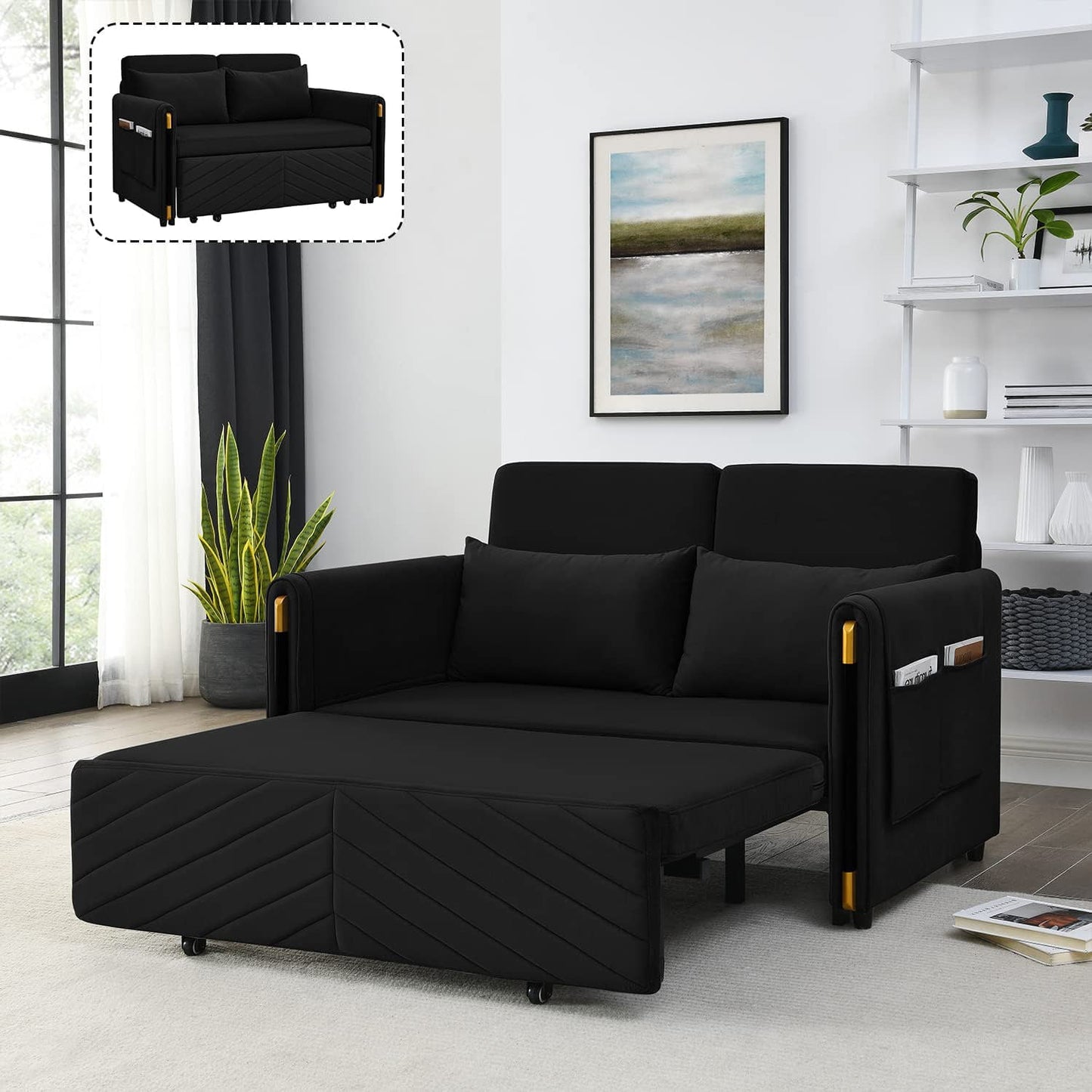 Muumblus 54" Pull Out Sleeper Sofa, Modern Velvet Convertible Loveseat Sleeper with Pull Out Bed for Living Room, Grey