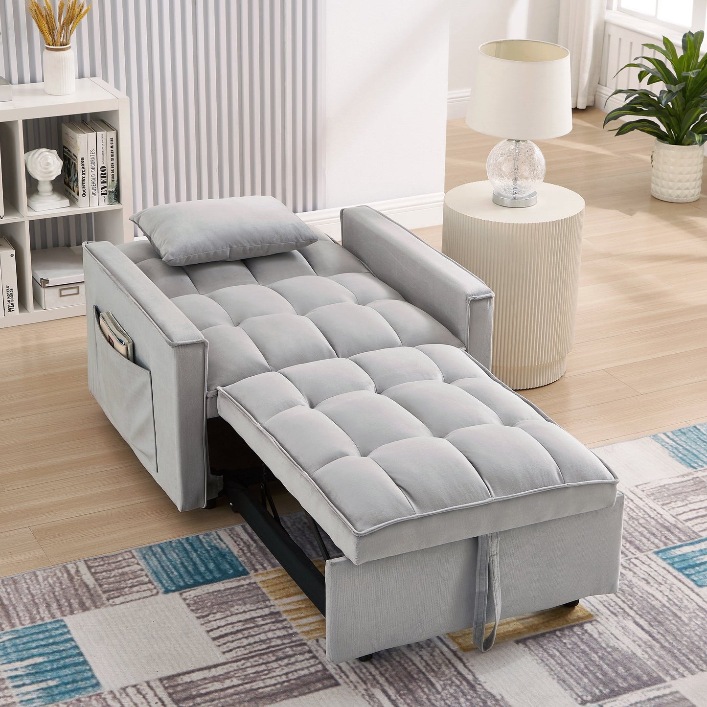 Muumblus 3-in-1 Convertible Sleeper Sofa Chair Bed for Adult, Lounge Chair Indoor, Modern Single Couch for Living Room, Small Spaces, Gray Velvet