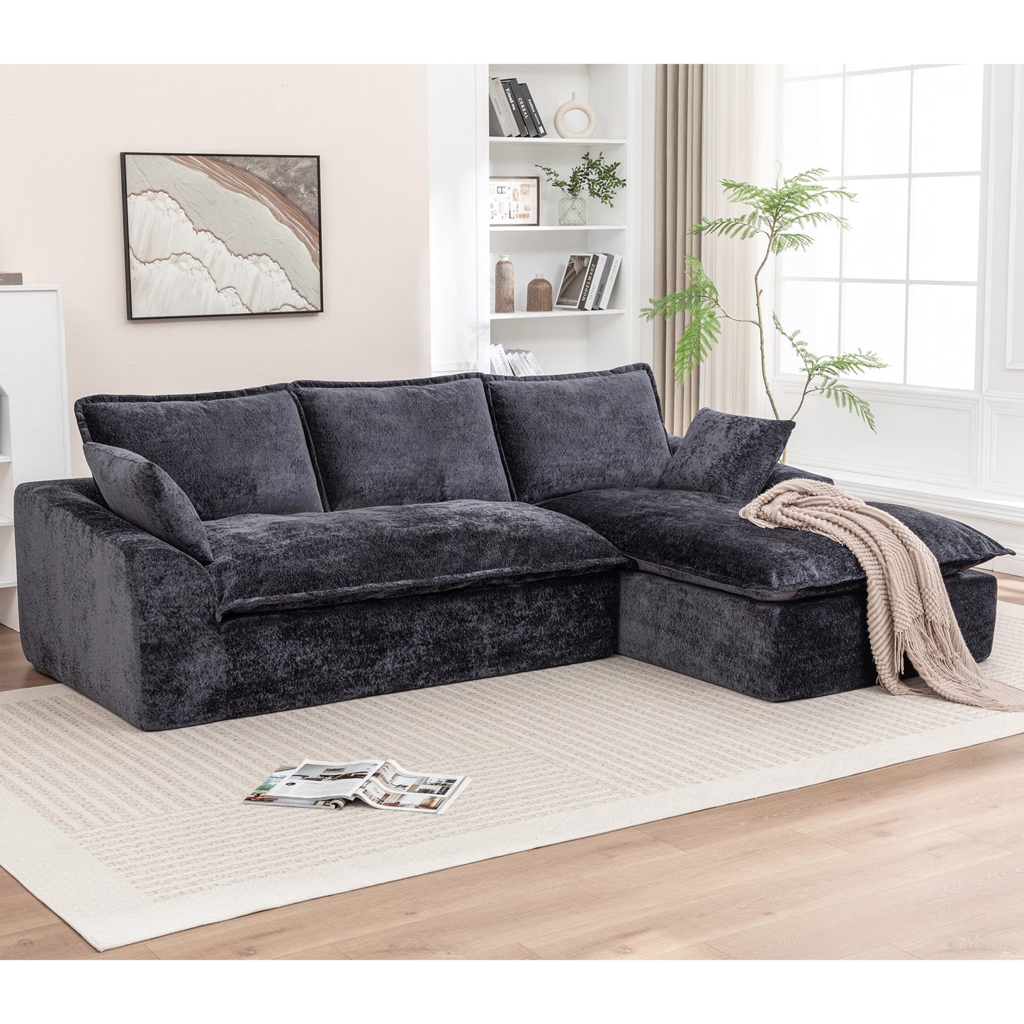 Muumblus 103" Boneless Sectional Sofa with Left Chaise, Comfy L-Shaped Modular Couch for Living Room, No Assembly Required, Black Chenille