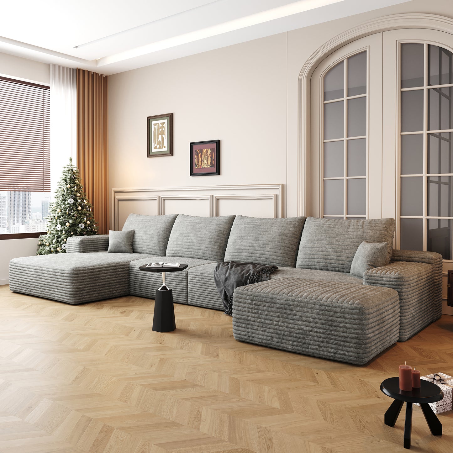 Muumblus 135" Cloud Sectional Sofa with Left Chaise, Cozy U-Shaped Modular Sofa with Ottoman, Plush Corduroy Sleeper Bed Couch, No Assembly Required, Black