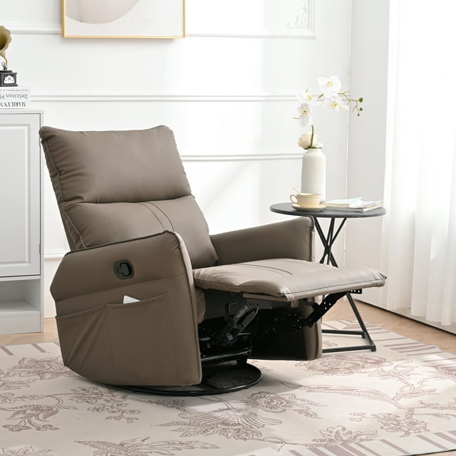 Muumblus Swivel Glider Recliner, Modern Upholstered Glider Rocker with Side Pockets, Tall Back Swivel Rocking Chair, Home Theater Seating for Living Room, Bedroom, Brown Faux Leather