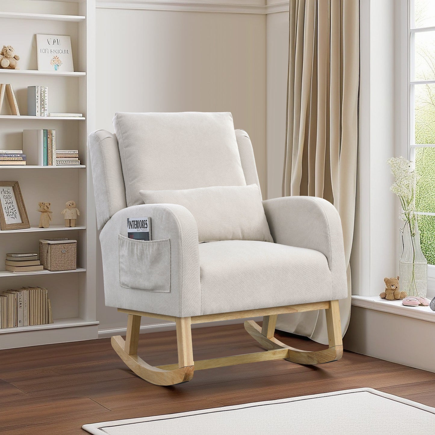 Muumblus Linen Glider Rocking Chair for Baby Nursery, High Back, Indoor, Beige