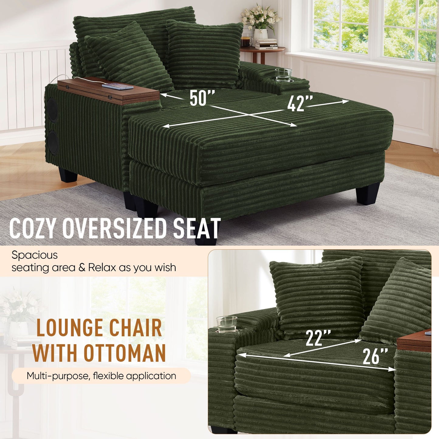 Muumblus Oversized Lounge Accent Chair with Ottoman, Bluetooth Speaker, Versatile Sofa Chairs with Storage Armrest and Rotating Table Board, Modern Cloud Armchair for Living Room