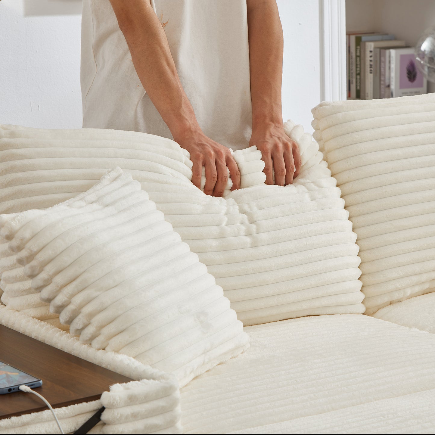 Muumblus Modular Sectional Sofa with 2 Storage Ottomans, 2 Side Tables & USB, Cozy Double Chaise Lounge Cloud Sofa, Plush Corduroy Sleeper Bed Couch for Living Room, White