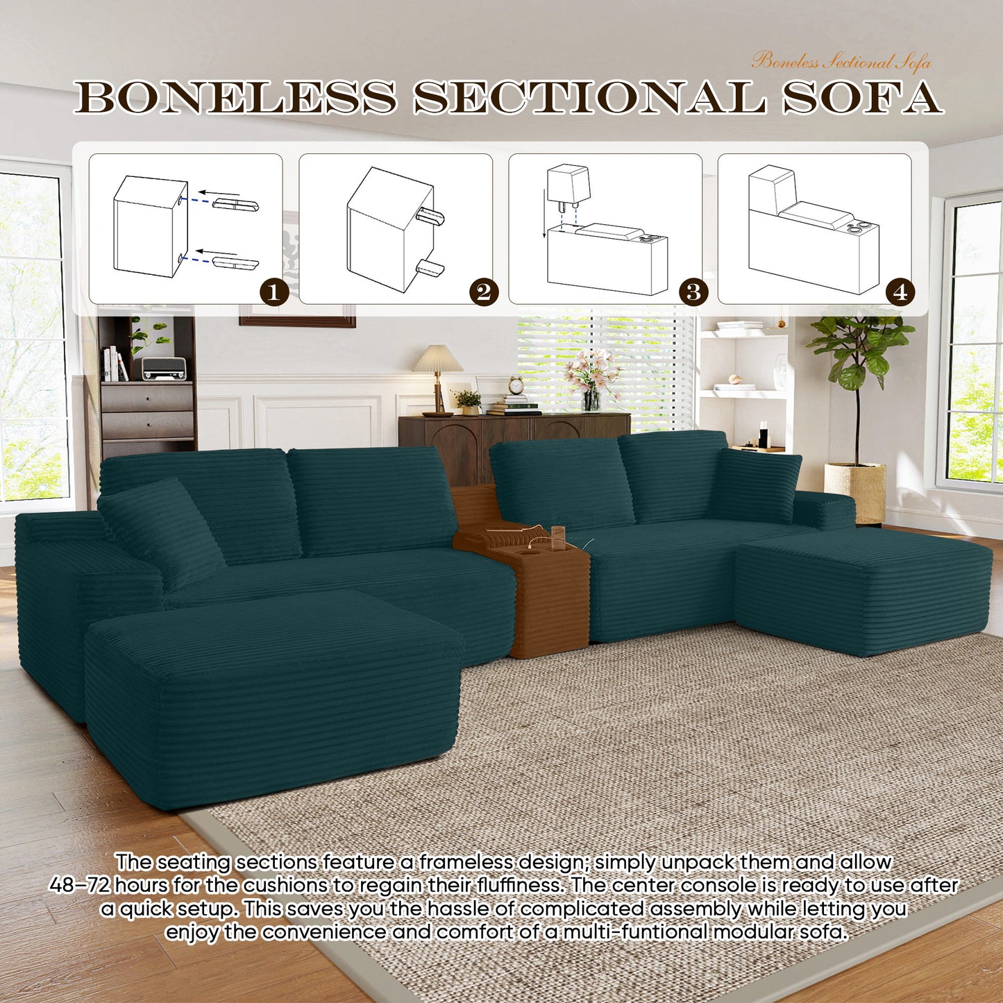 Muumblus 125" Cloud Sectional Sofa with Storage Console, U-Shaped Modular Couch with 2 Ottomans, USB, Cup Holders, Oversized Corduroy Living Room Sofa, Black