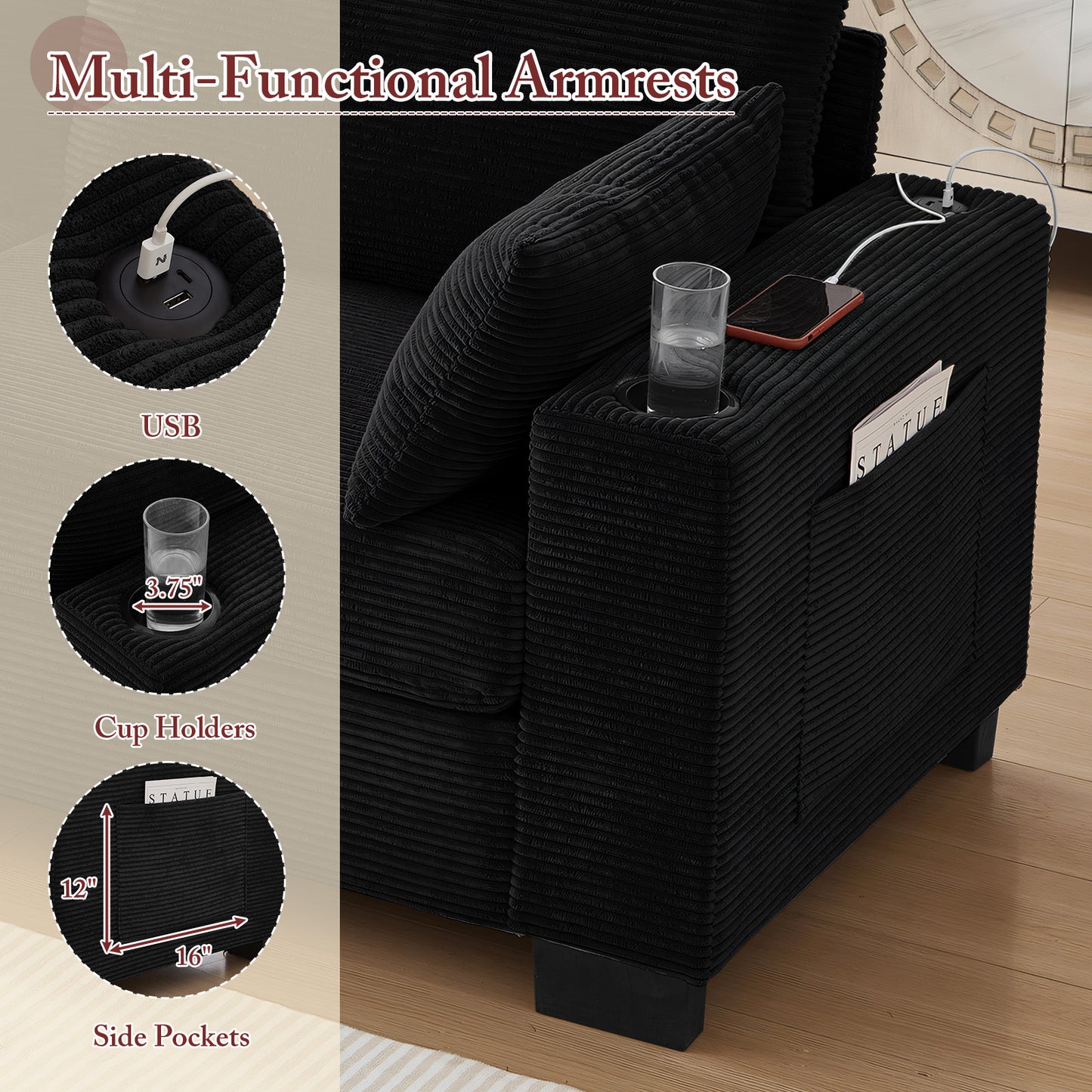Muumblus 78"L Corduroy Sofa with USB & Cup Holders & Pockets, Deep Seat Living Room Upholstered Sofa, Black