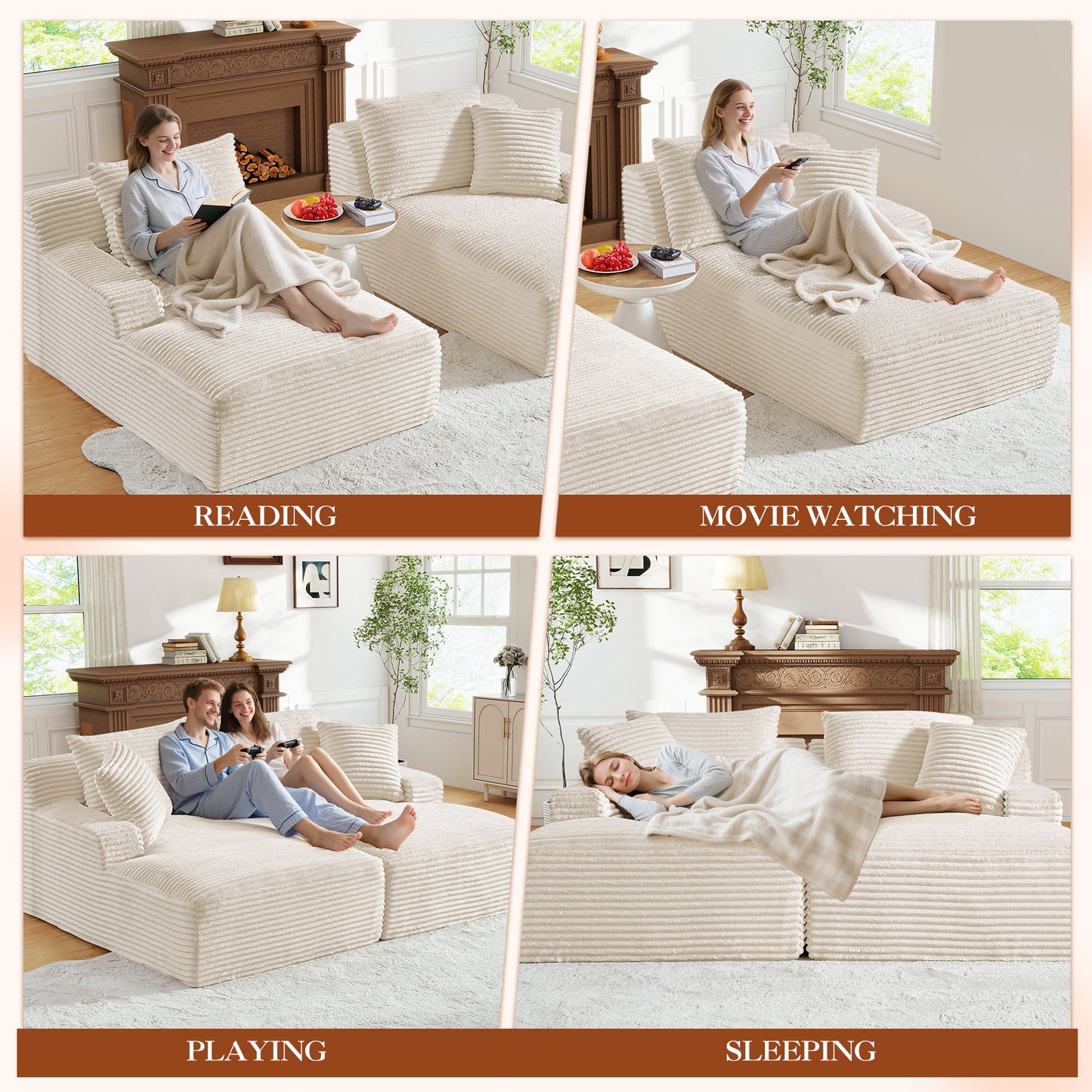 Muumblus Oversized Double Chaise Lounge Chair, Modern Indoor Boneless Cloud Sofa, Plush Corduroy Upholstered Modural Sectional Sleeper Couch for Living Room Apartment