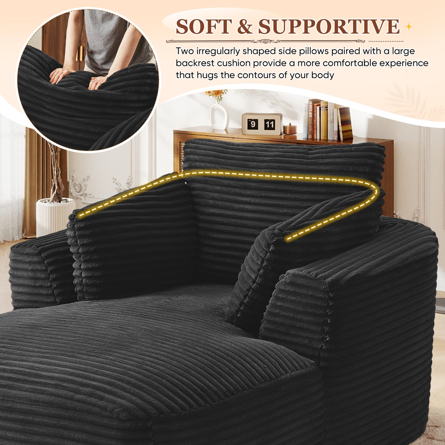 Muumblus Chaise Lounge Indoor, Cozy Lounge Chair Sleeper Sofa for Adults, No Assembly Required, Black Corduroy