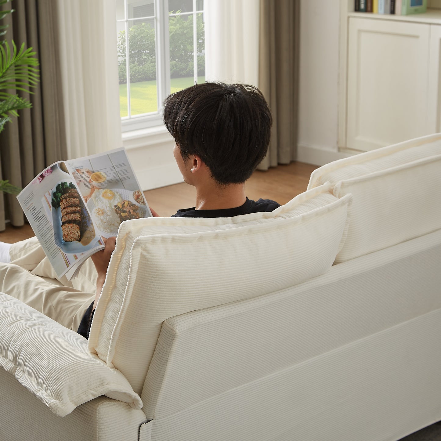 Muumblus 120" U-Shaped Sectional Sofa with USB & Storage, Living Room 4-Seater Couch with Double Chaise Lounge, Cup Holders, Beige Corduroy