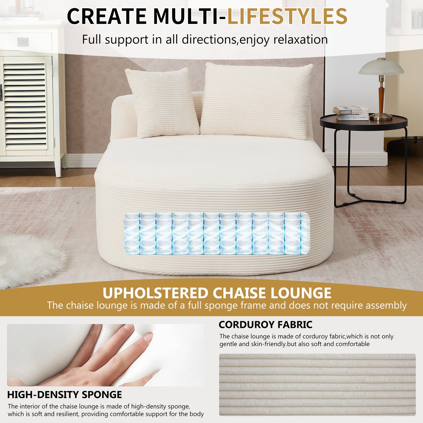 Muumblus 67.5" Oversized Chaise Lounge Indoor Furniture, No Assembly Boneless Cloud Couch, Deep Seat Corduroy Sleeper Sofa Bed for Living Room, Beige