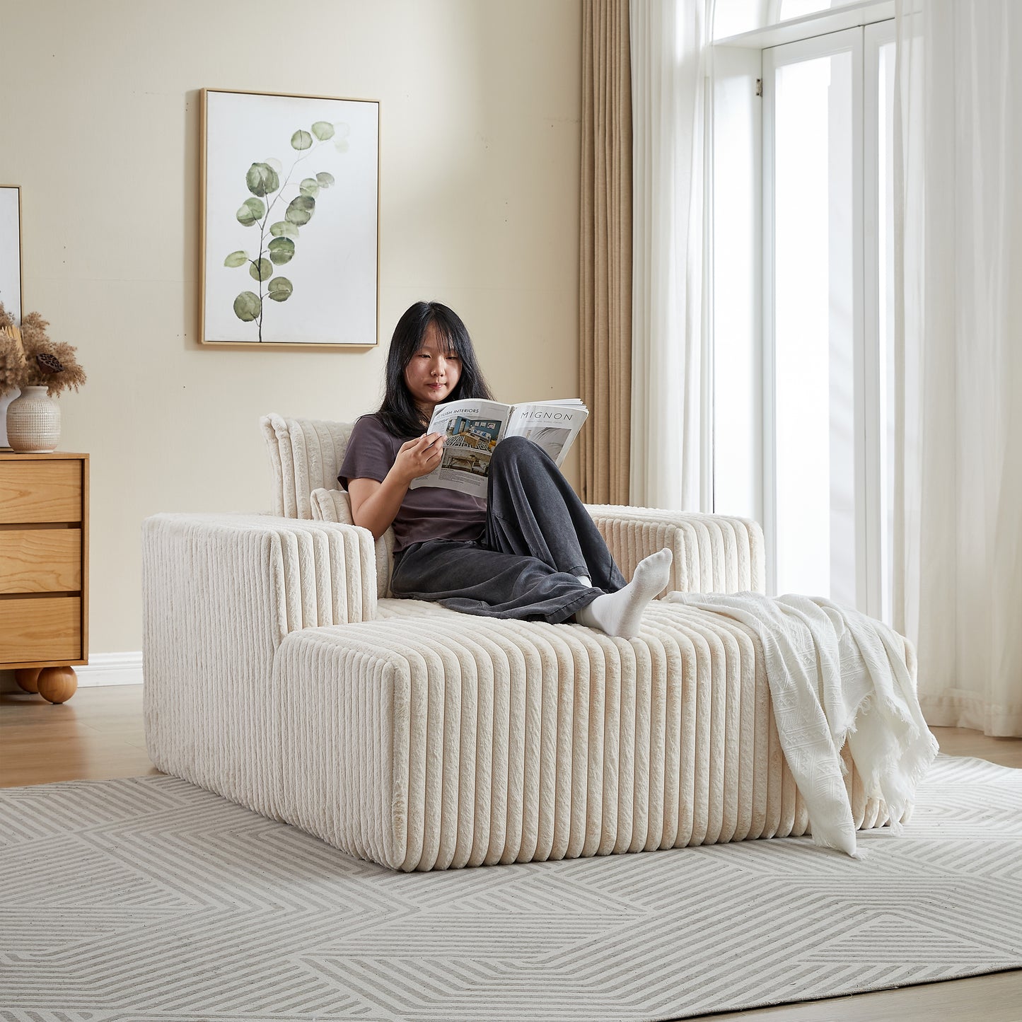Muumblus Oversized Indoor Chaise Lounge, No Assembly Required, Cozy Corduroy Sleeper Sofa Bed, Beige