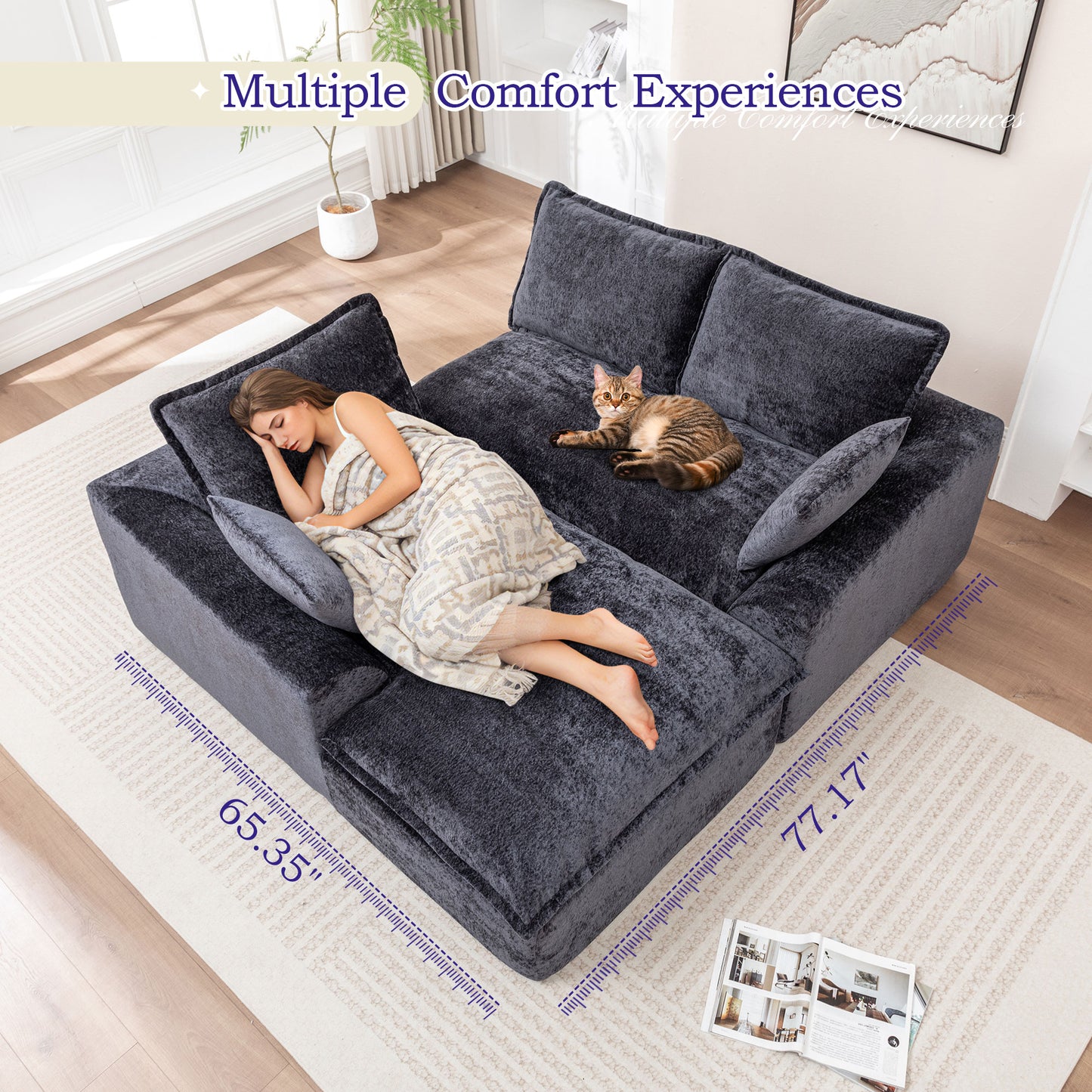 Muumblus 103" Boneless Sectional Sofa with Left Chaise, Comfy L-Shaped Modular Couch for Living Room, No Assembly Required, Black Chenille