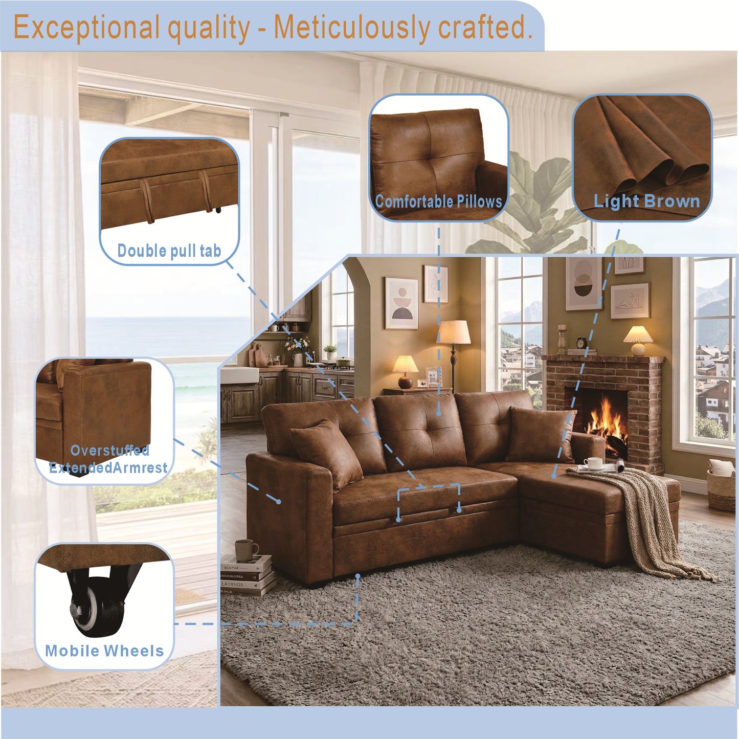 Muumblus Convertible Pull Out Sofa Bed, L-Shaped Sectional Sleeper Couch with Storage Chaise, Vintage Faux Leather Look, Brown Polyester Fabric