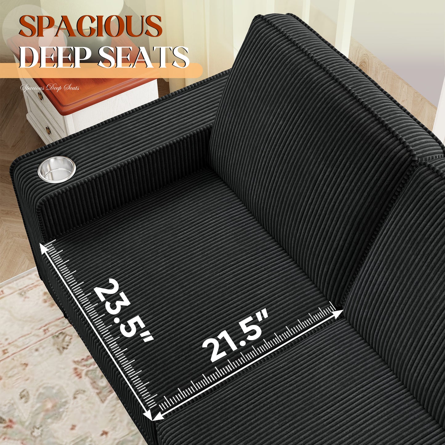 Muumblus 83.5" Living Room Sofa with Cup Holders, Cozy Plush Upholstered Couch, Corduroy Sofa 3-Seater, Black