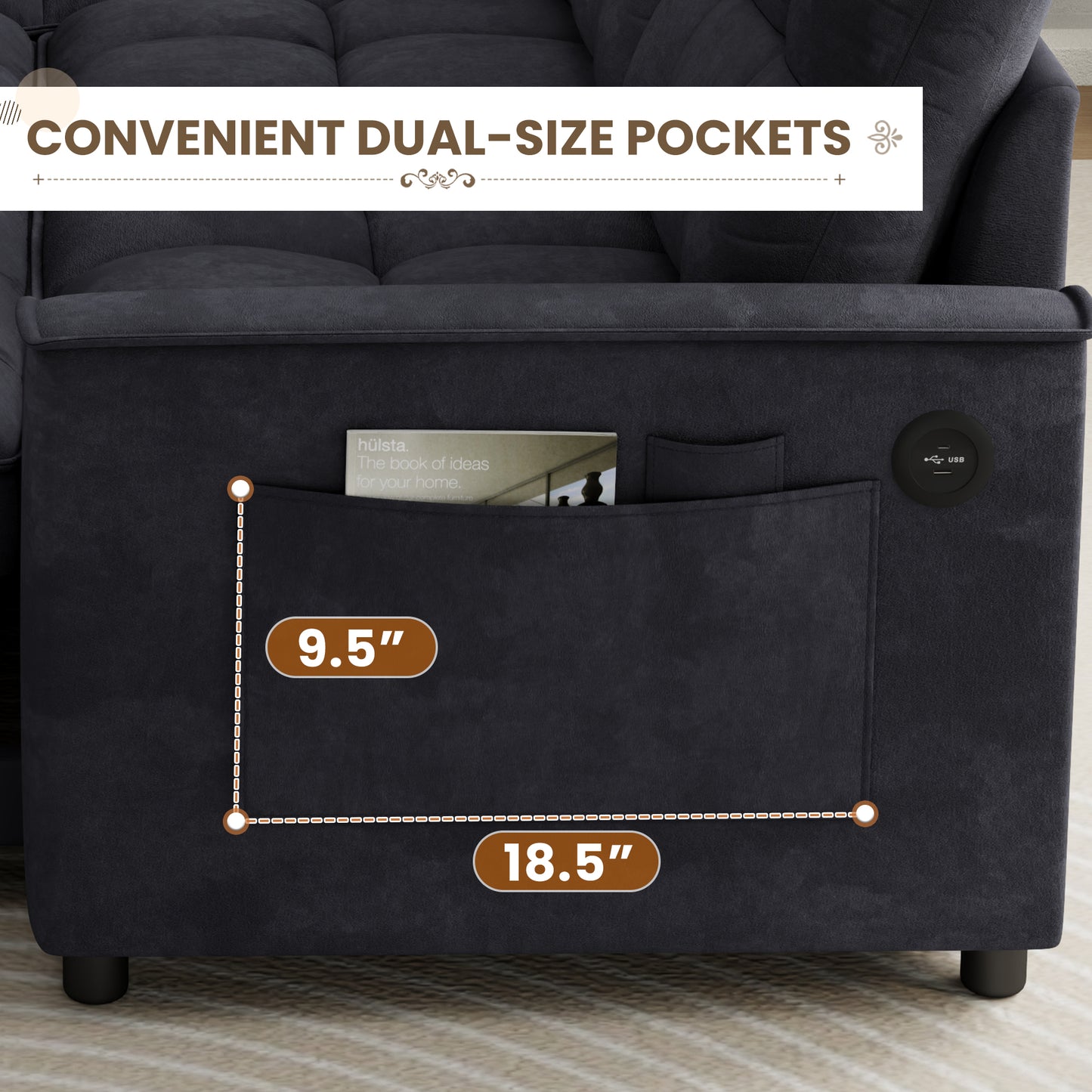 Muumblus Convertible Sofa Bed, Sectional Sleeper Sofa with Storage Chaise, L-Shaped Couch for Living Room, Black Chenille