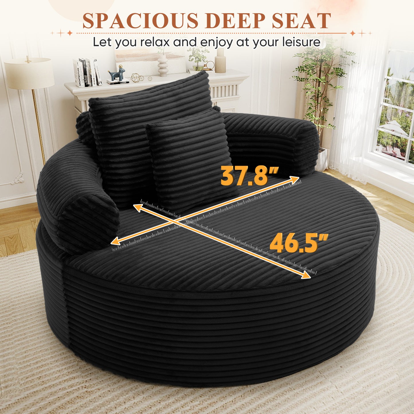 Muumblus 55" Indoor Round Lounge Chair, Oversized Boneless Accent Barrel Chair, Black Corduroy