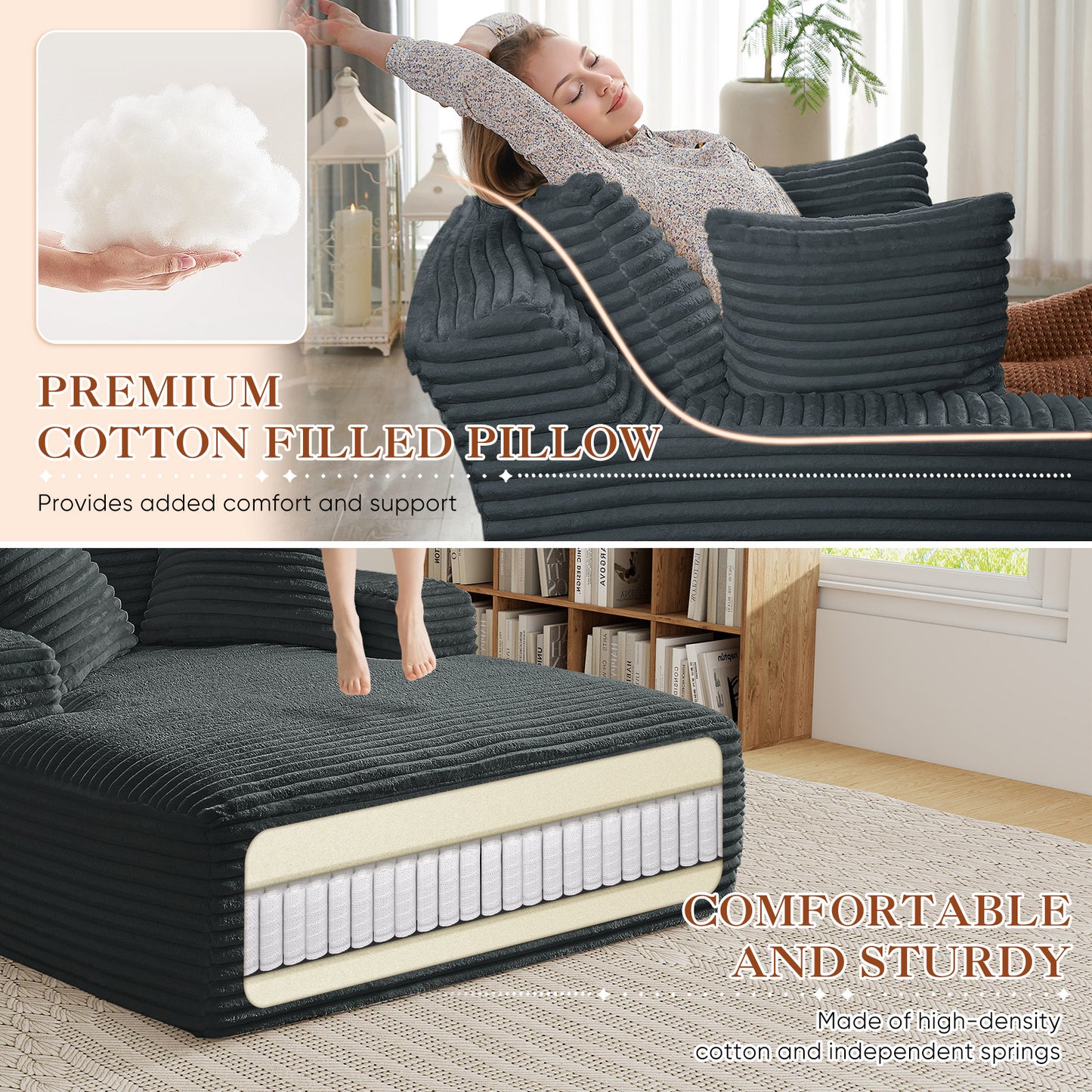 Muumblus Oversized Chaise Lounge Chiar Indoor Furniture, No Assembly Required, Plush Corduroy Upholstered Sofa Bed Cozy Sleeper Couch for Living Room, Bedroom