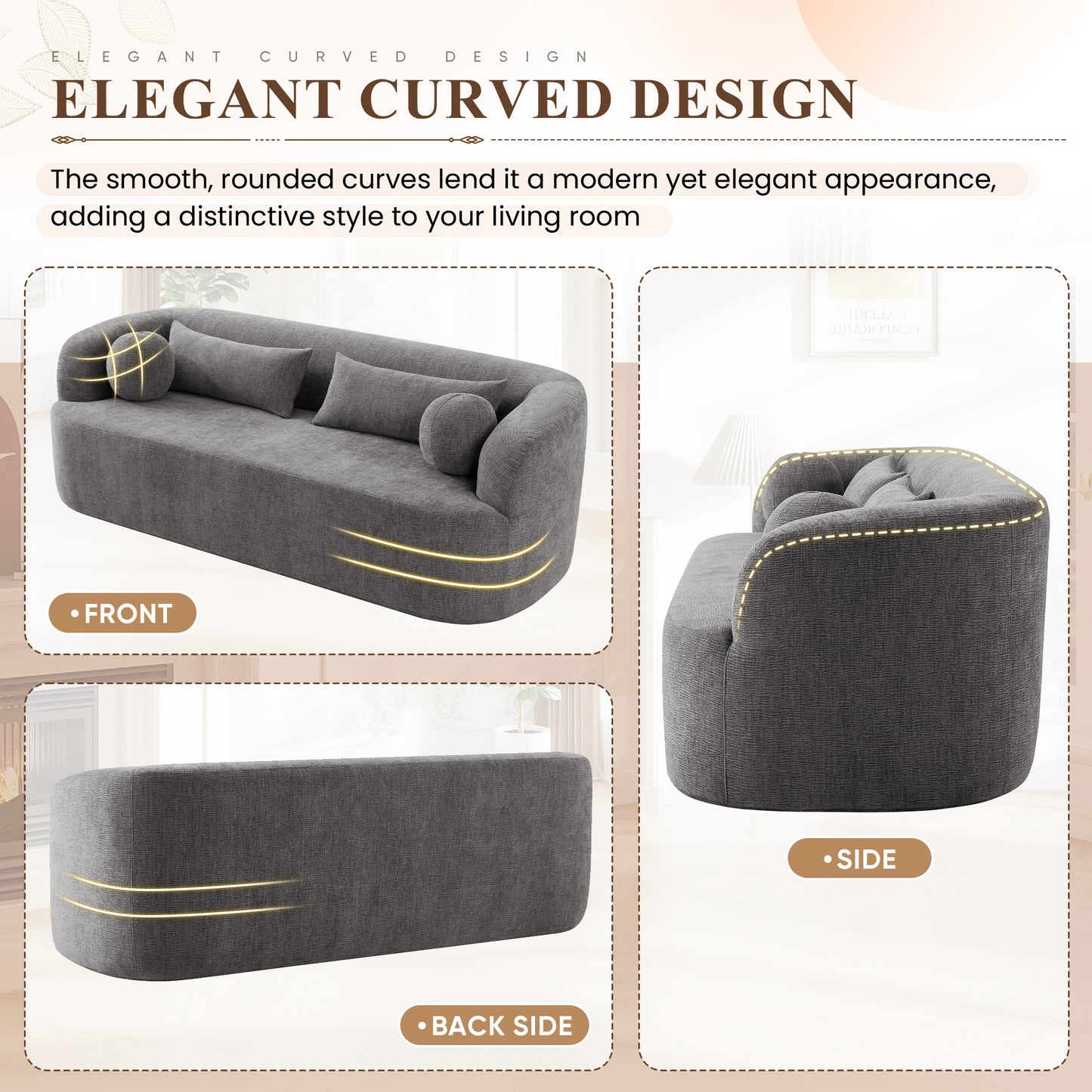 Muumblus 86“ Chenille Boneless Sofa, Modern Upholstered Living Room Couch, Cozy Curved 3-Seater Cloud Sofa, Gray