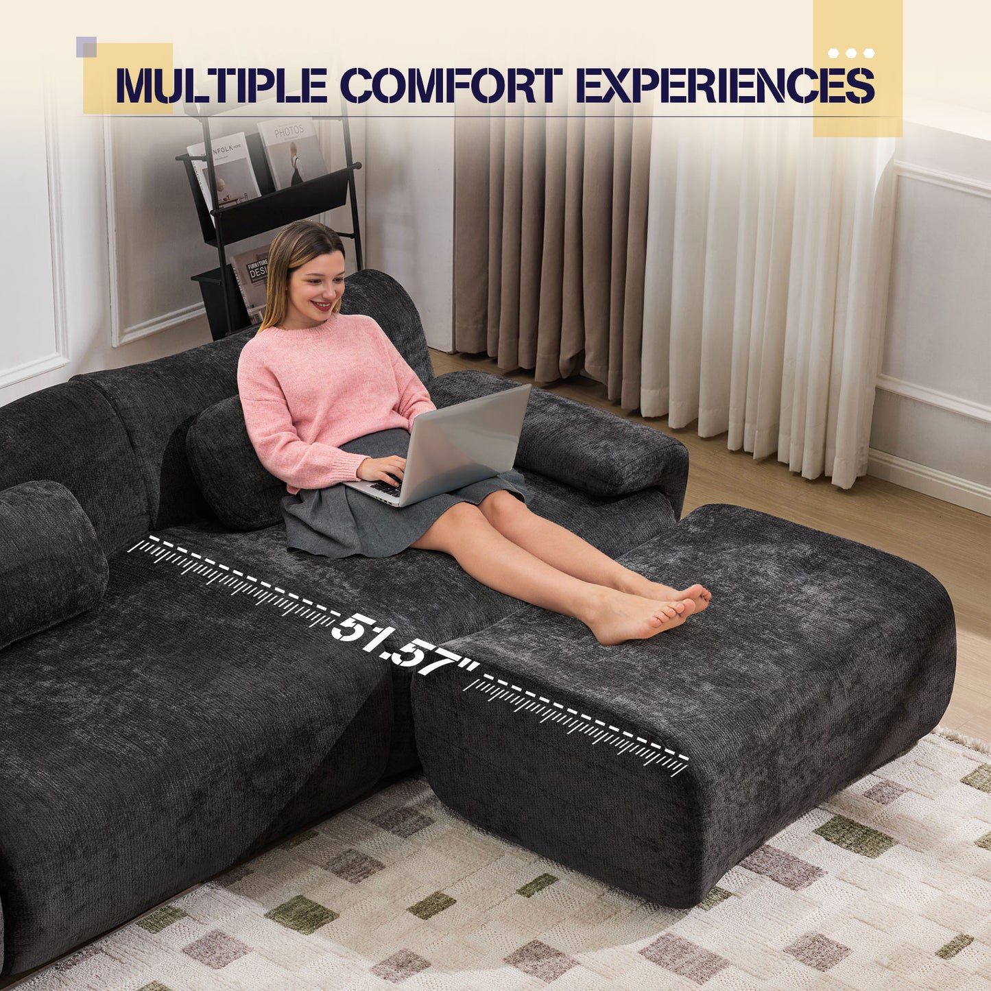 Muumblus Modular Sectional Sofa with Movable Ottoman, Oversized L-Shaped Cloud Sofa with Chaise, Boneless Deep Seat Living Room Couch, Black Chenille