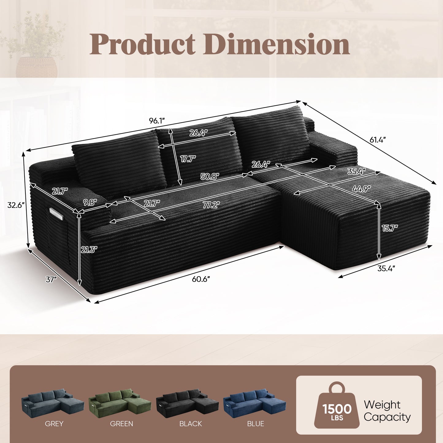Muumblus L-Shaped Modular Sectional Sofa with Chaise, Boneless Deep Seat Cloud Couch, No Assembly Corduroy Sleeper Sofa for Living Room, Black（Right Facing Chaise）