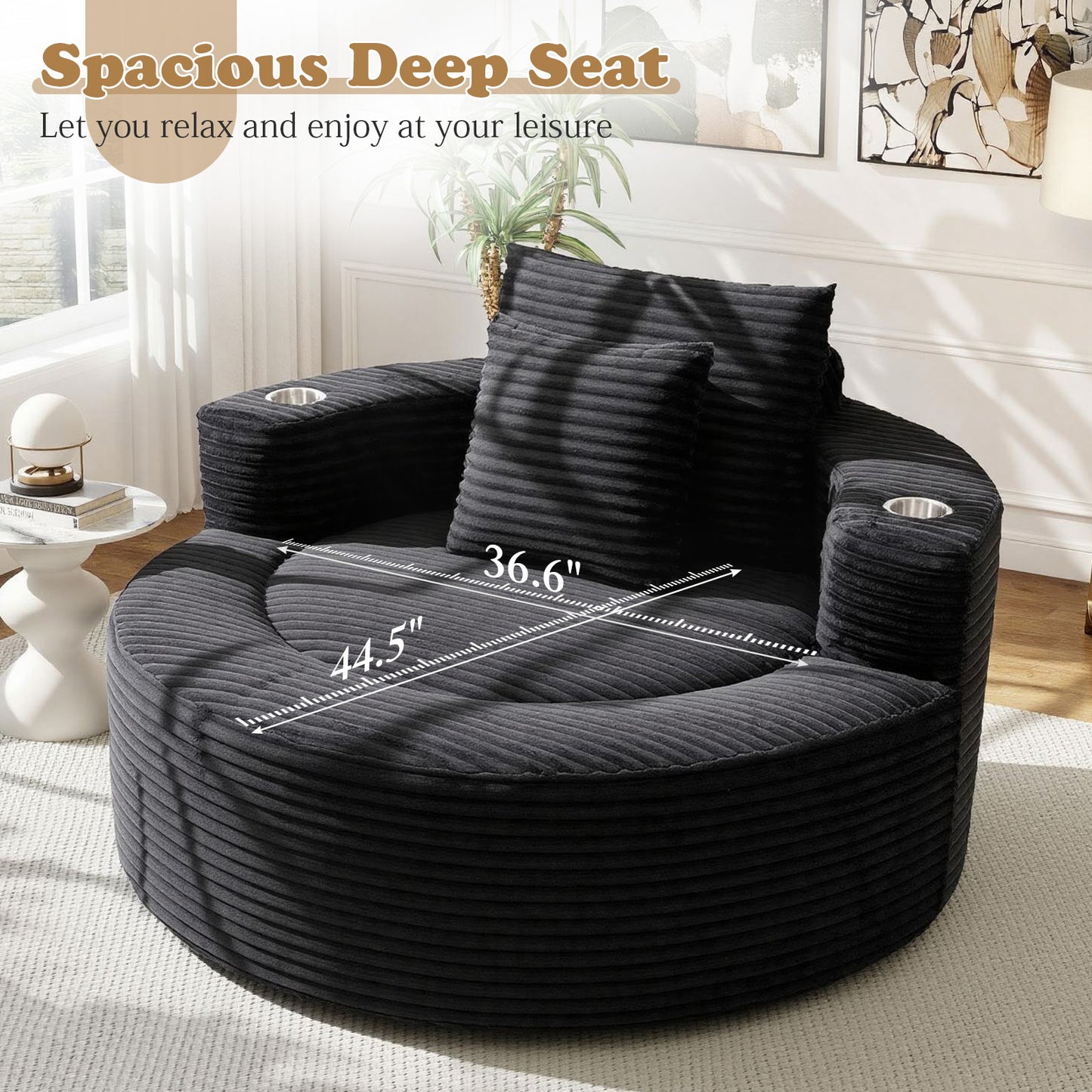 Muumblus 55" Indoor Round Chaise Lounge with Cup Holders, Oversized Boneless Accent Barrel Chair, Black Corduroy